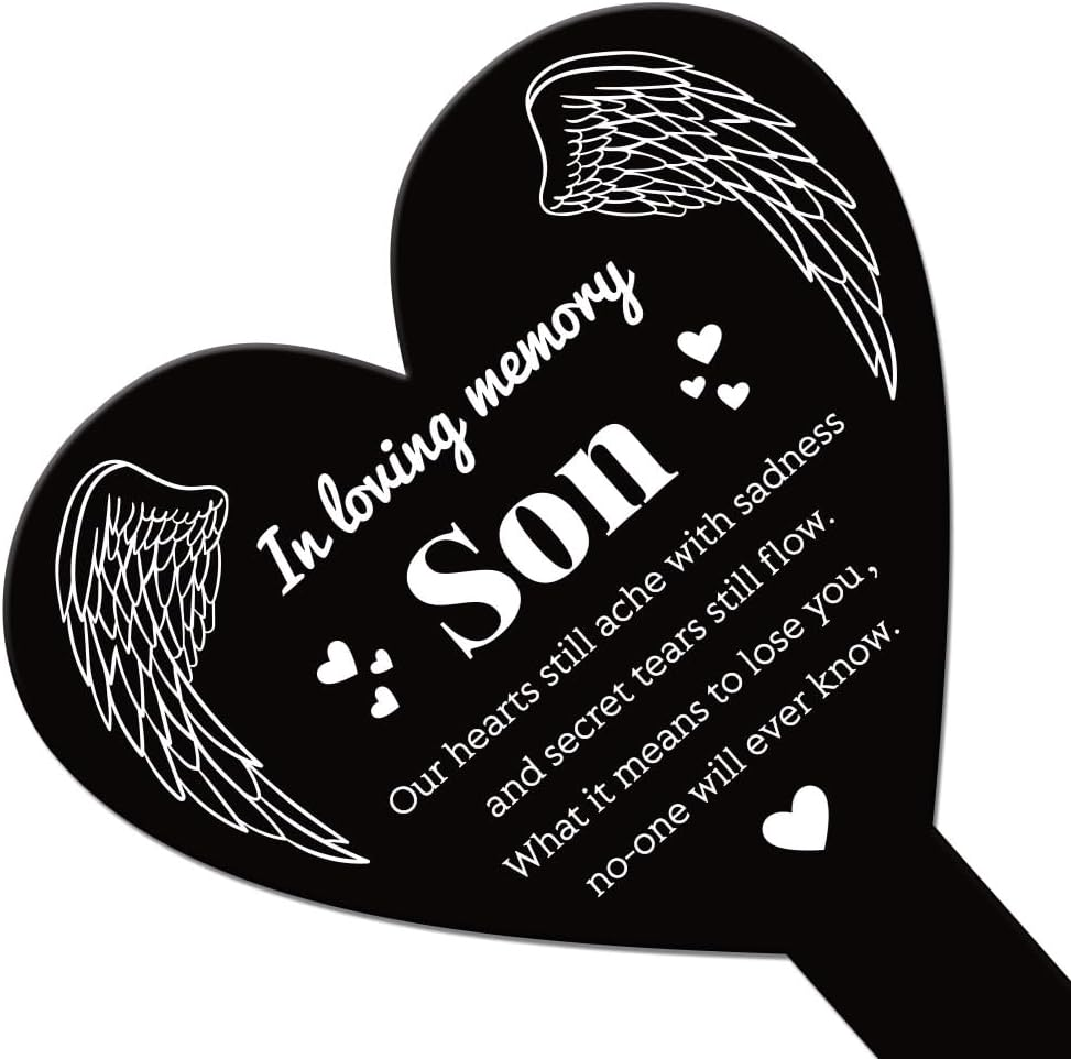 GLOBLELAND Heart Son Garden Stake Memorial Remembrance Plaque Stake for Cemetery Acrylic Grave Stake Waterproof Sympathy Garden Stake for Yard Grave Cemetery (Son)