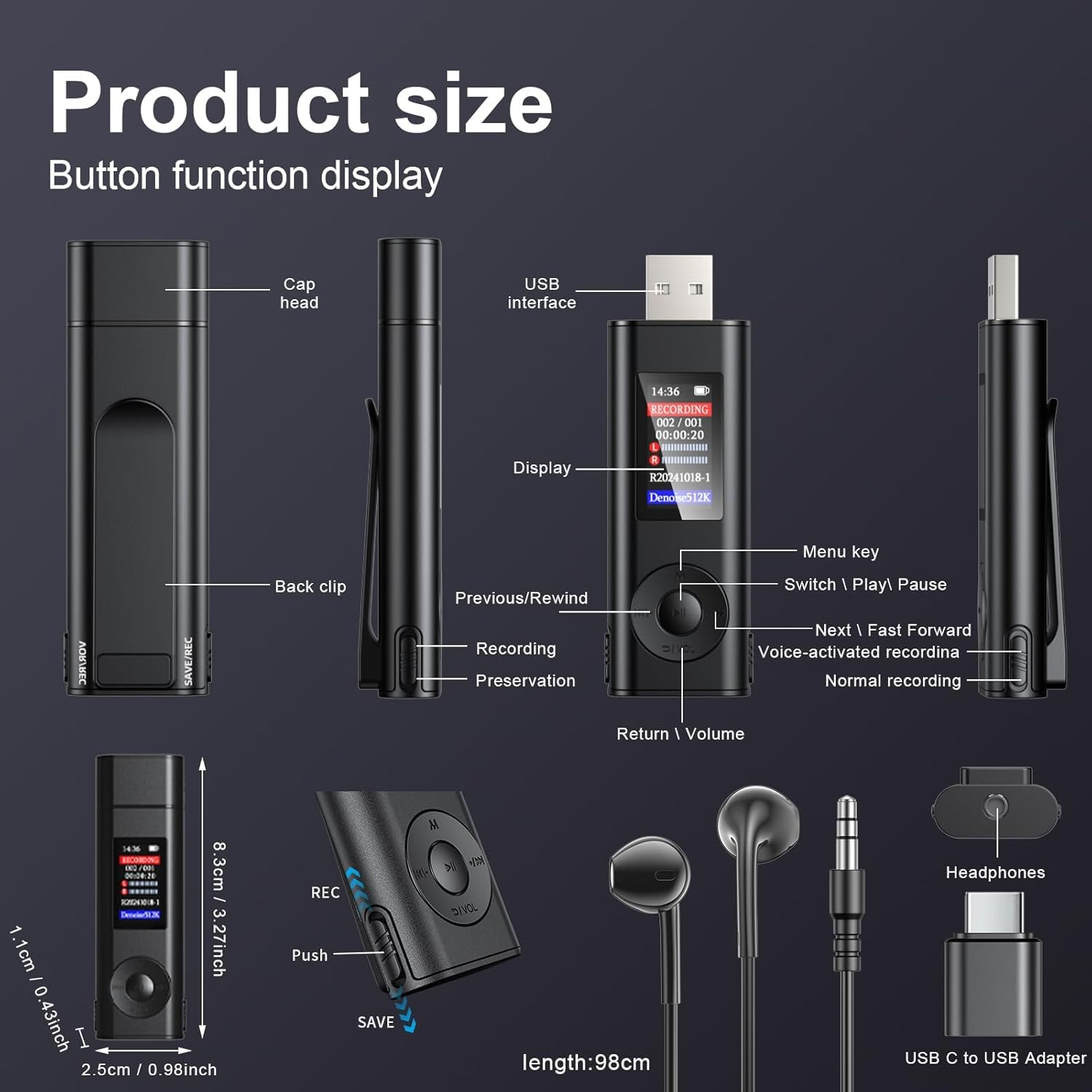 Digital Voice Recorder - 64GB USB Rechargeable Voice Activated Audio Recorder, Noise Reduction, Small and Portable Voice Recorders with Playback Digital Voice Recorder for Meetings/Interview/Classroom image number 5