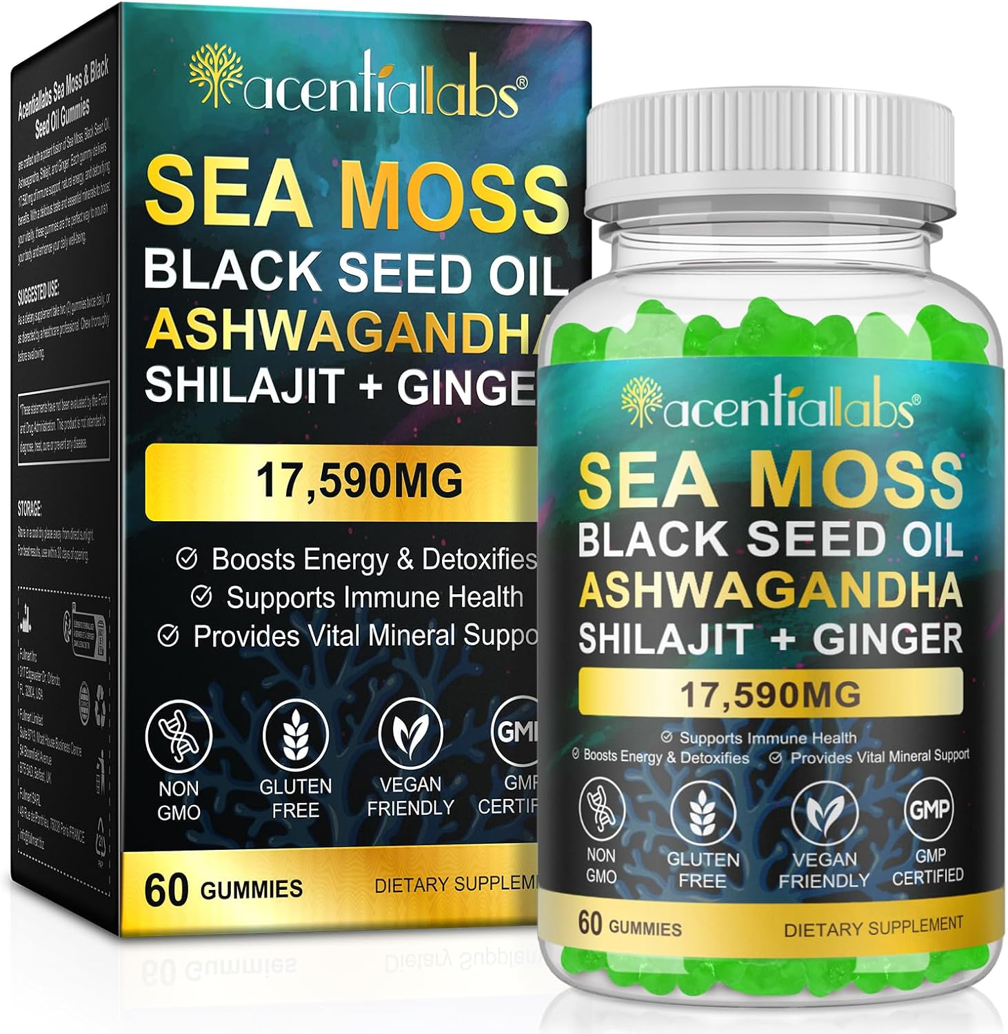 Sea Moss, Black Seed Oil, Ashwagandha, Ginger, Shilajit Gummies with Elderberry, Chlorophyll, Turmeric, Bladderwrack 17590Mg Advanced Strength Formula - All in 1 Formula - 60 Gummies image number 4