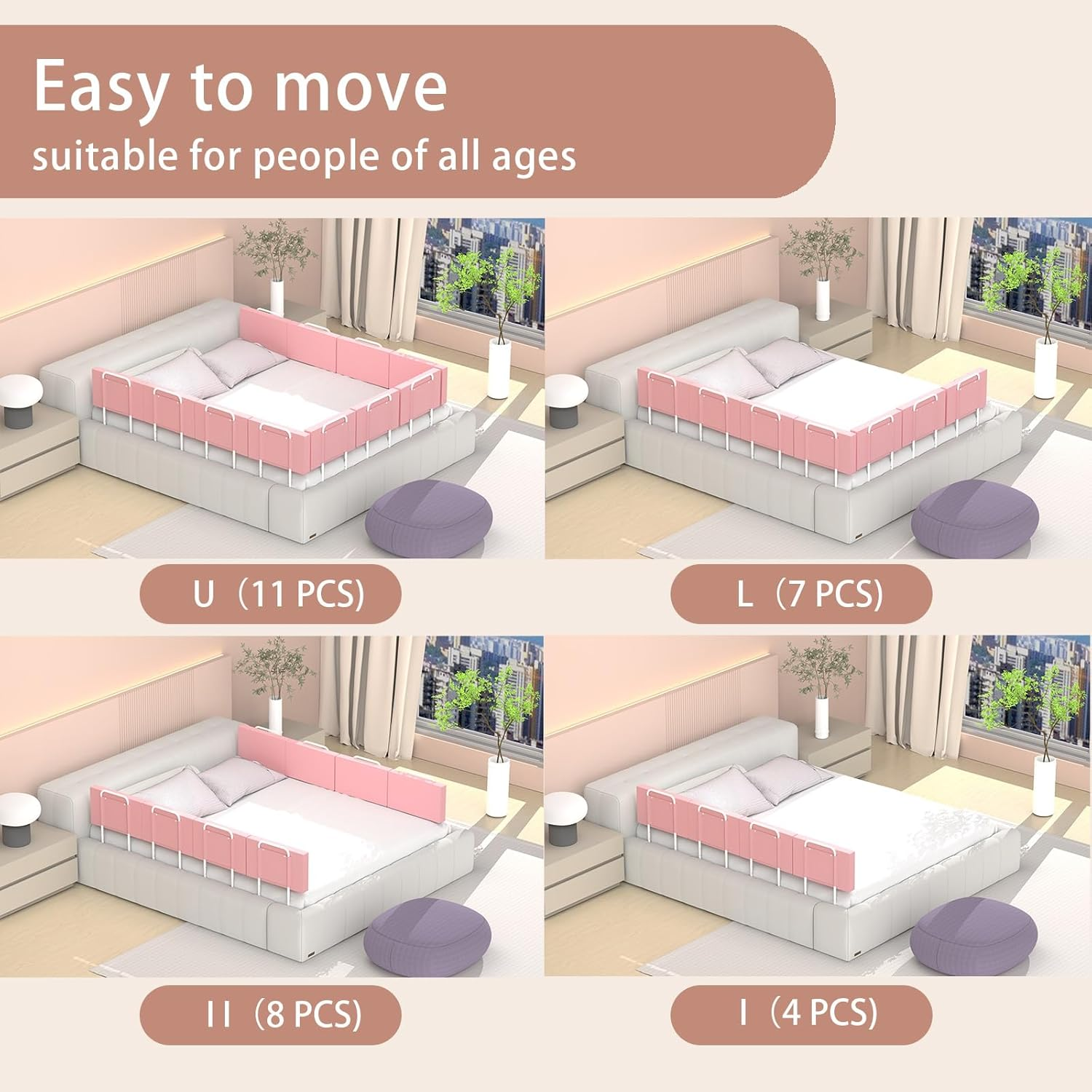 Bed Rail Bumpers for Toddlers, Foam Padded Bed Barrier for Kids Safety, Adjustable Bed Side Guard Rails for Old Dogs, Bunk, Twin, Queen & King, Full Size Beds (Pink, 2Packs)