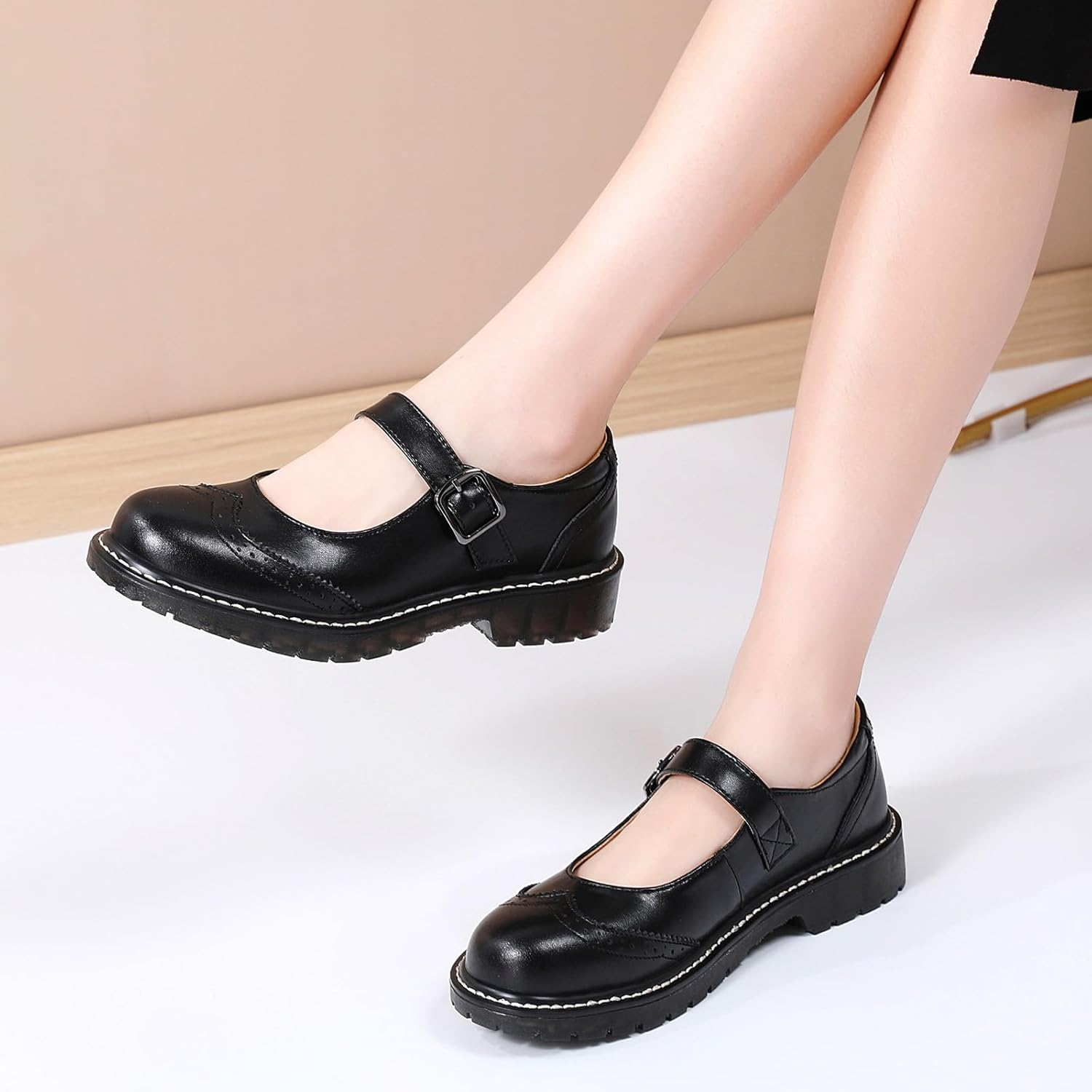 XMM Mary Jane Shoes Women Mary Janes Flats Ladies Oxford Shoes for Women Comfort Leather round Toe Non-Slip Dressy Casual Cute Girls School Work Shoes image number 2