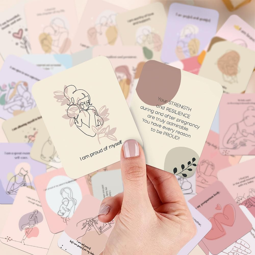 BIROYAL 45 PCS New Mom Affirmation Cards for Post Partum/Postpartum - New Mom Essentials Gifts with Empowering Messages - Postpartum Affirmation Cards with Wooden Stand and Metal Box image number 5