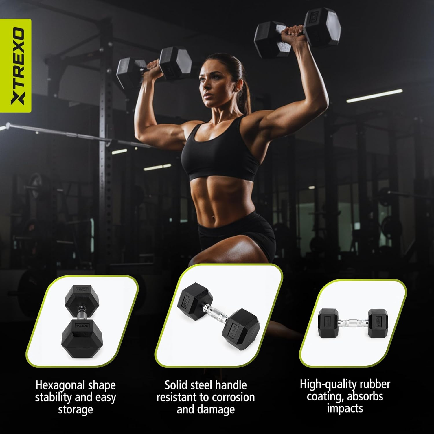 TREXO Hexagon Dumbbell Durable Rubberised Cast Iron for Strength Training at Home with Ergonomic Handle Stable and Versatile Hex Dumbbell
