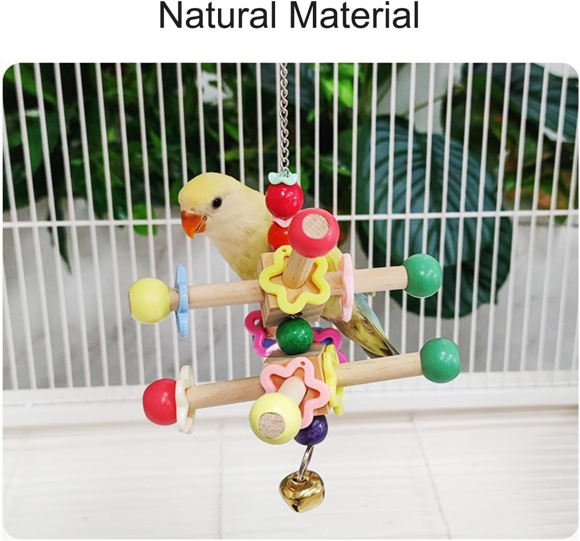 Bird Wooden Stand Perch Toys, Interactive Rotatable Parrot Chewing Toys with Bead Colorful Bell for Birds Parakeet Climb and Play image number 4