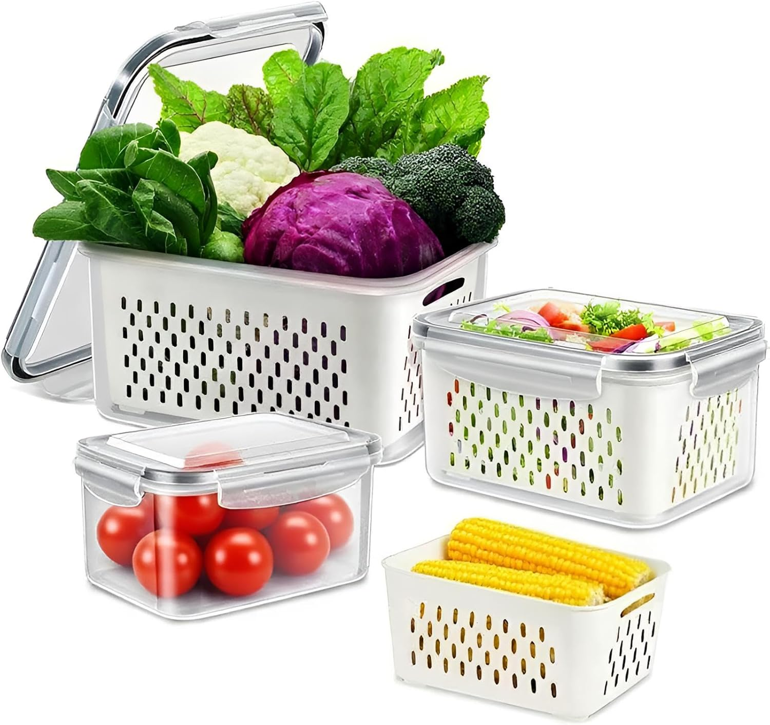 3 Pack Food Containers, Large Capacity Bpa-Free Plastic Box with Lid and Strainer for Fruits and Vegetables, Stackable Fresh Food Storage Containers for Kitchen Storage & Organisation（Grey）