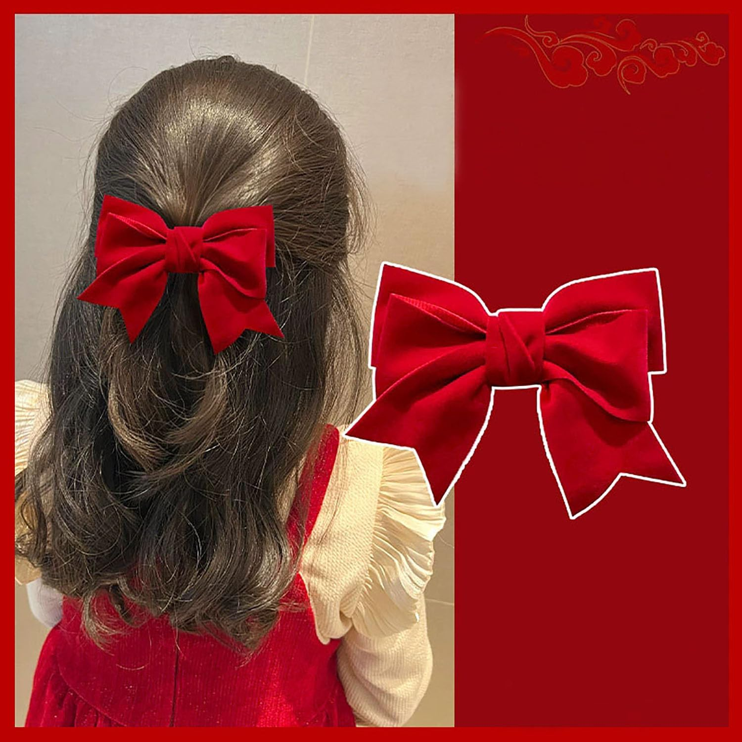 Bow Hair Clips 2PCS, Girls Velvet Hair Clips for Christmas, Red image number 4