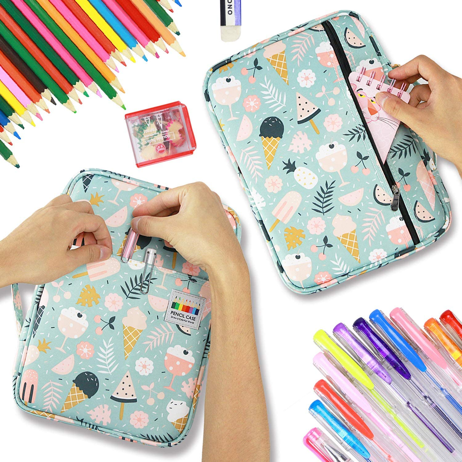 YOUSHARES Colored Pencil Case 220 Slots Pen Case Organizer with Handy Wrap & Zipper, Multilayer Holder for Prismacolor Colored Pencils & Gel Pen (Ice-Cream) image number 2