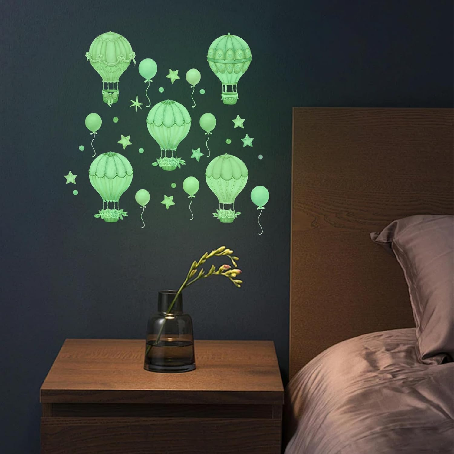Sgphrzlt 2 PCS Glow in the Dark Hot Air Balloon Nursery Decor Stickers, Vinyl Peel and Stick Wall Decals, Removable Colorful Art Stars Artwork Decoration for Girls Boys Bedroom Playroom Ceiling image number 1
