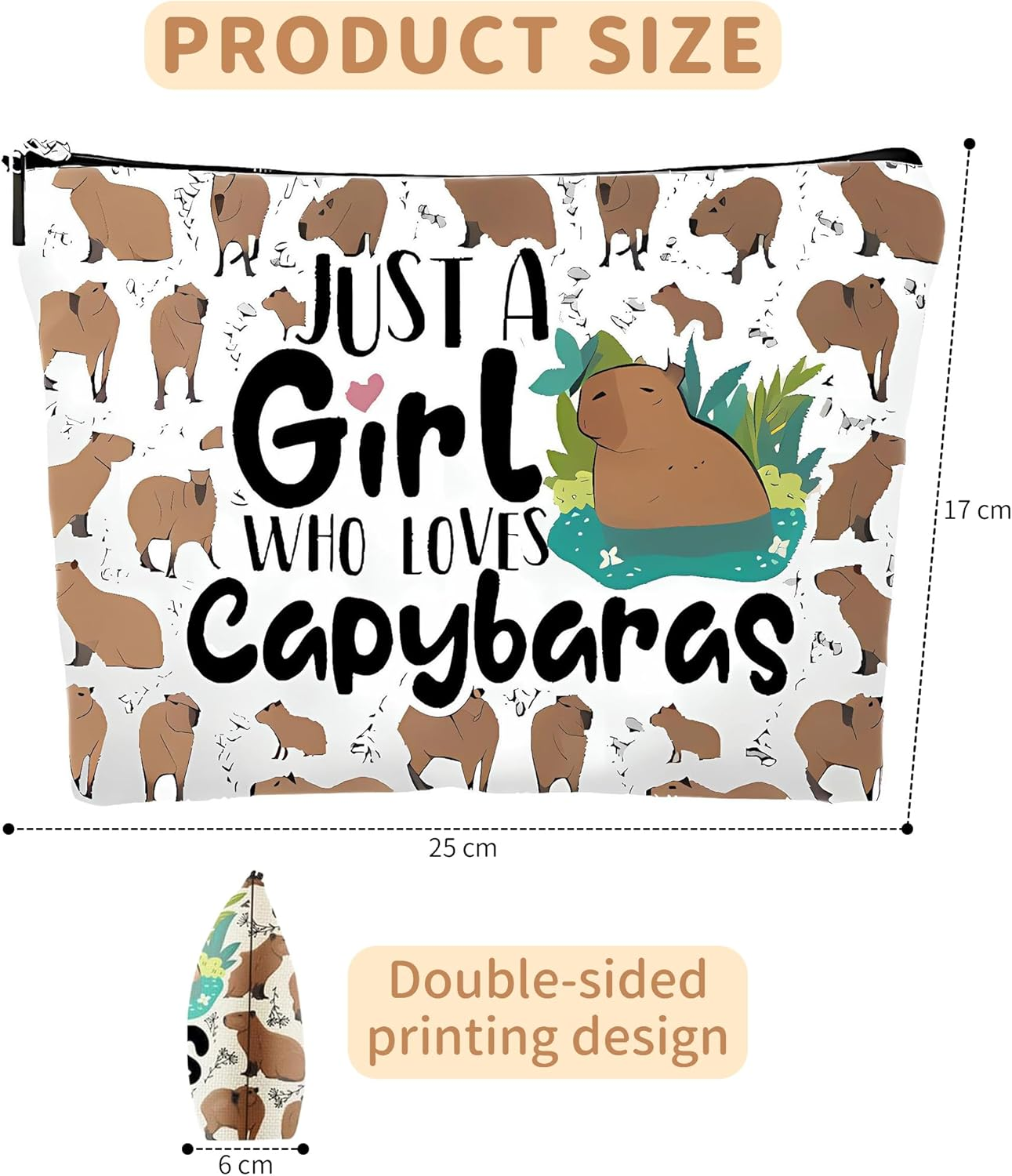 MOLIMOLI Capybara Make-Up Bag, 3D Print Design, 25 X 17 X 6 Cm, Canvas Toiletry Bag, Portable for Travel and Everyday Use image number 4