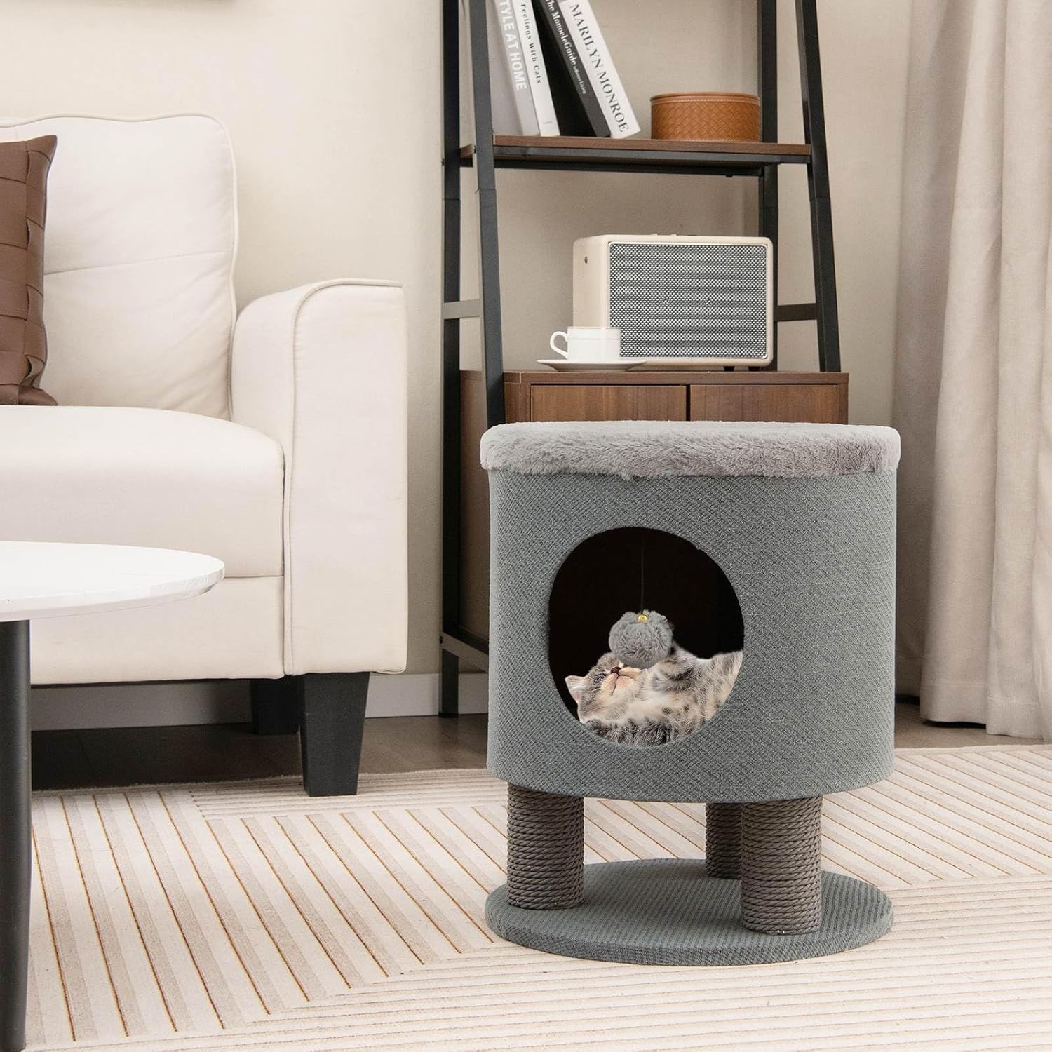 Costway Cat Condo Stool, Cat House Stool, Cat House Cube, Enclosed Cat Shelter, Small Cat Tree, Cat Furniture Bed with Scratching Post, Multipurpose Cat House (Grey, 40 X 40 X 47 Cm (L X W X H))