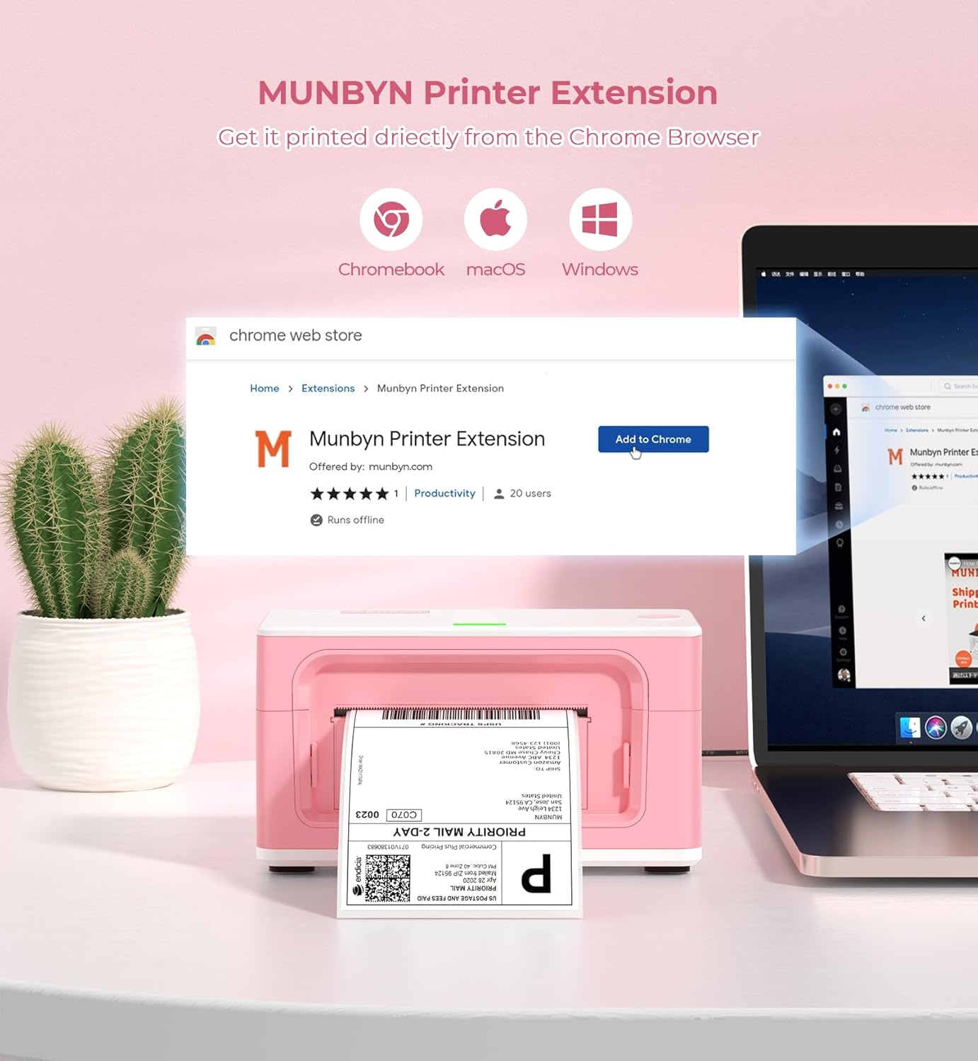 MUNBYN Shipping Label Printer USB 4X6 for Shipping Packages Postage Address Home Small Business, Compatible with Etsy, Shopify, Amazon, Royal Mail, Fedex, UPS, 941U, Pink image number 2