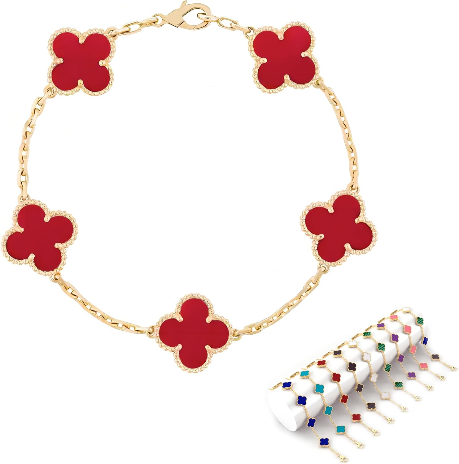 Four Leaf Clover Bracelet for Women Girl White Black Green Red Lucky Link Clover Bracelets,18K Gold Plated Jewelry Double-Sided Design Christmas Valentine'S Day Gifts