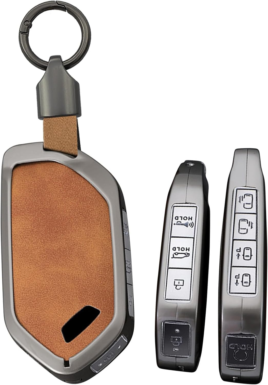 Ontto Car Key Fob Cover Case Fit for Kia Picanto Sorento MQ4 Carnival KA4 Morning K5 Carens 2024 2025 4 5 6 7 8 9 Buttons Smart Key Holder Metal Leather Shell Bag Keyring Keychain Accessories - Long Keychain-Brown image number 2
