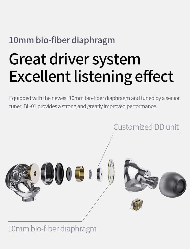 Hifihear BLON BL01 In-Ear Monitors,10Mm Biology Fiber Diaphragm Driver In-Ear Earphone. Zinc Alloy Mirror-Polished Process Hifi in Ear Headphone, with 0.78Mm 2Pin Detachable Cable (No Mic, Gun)