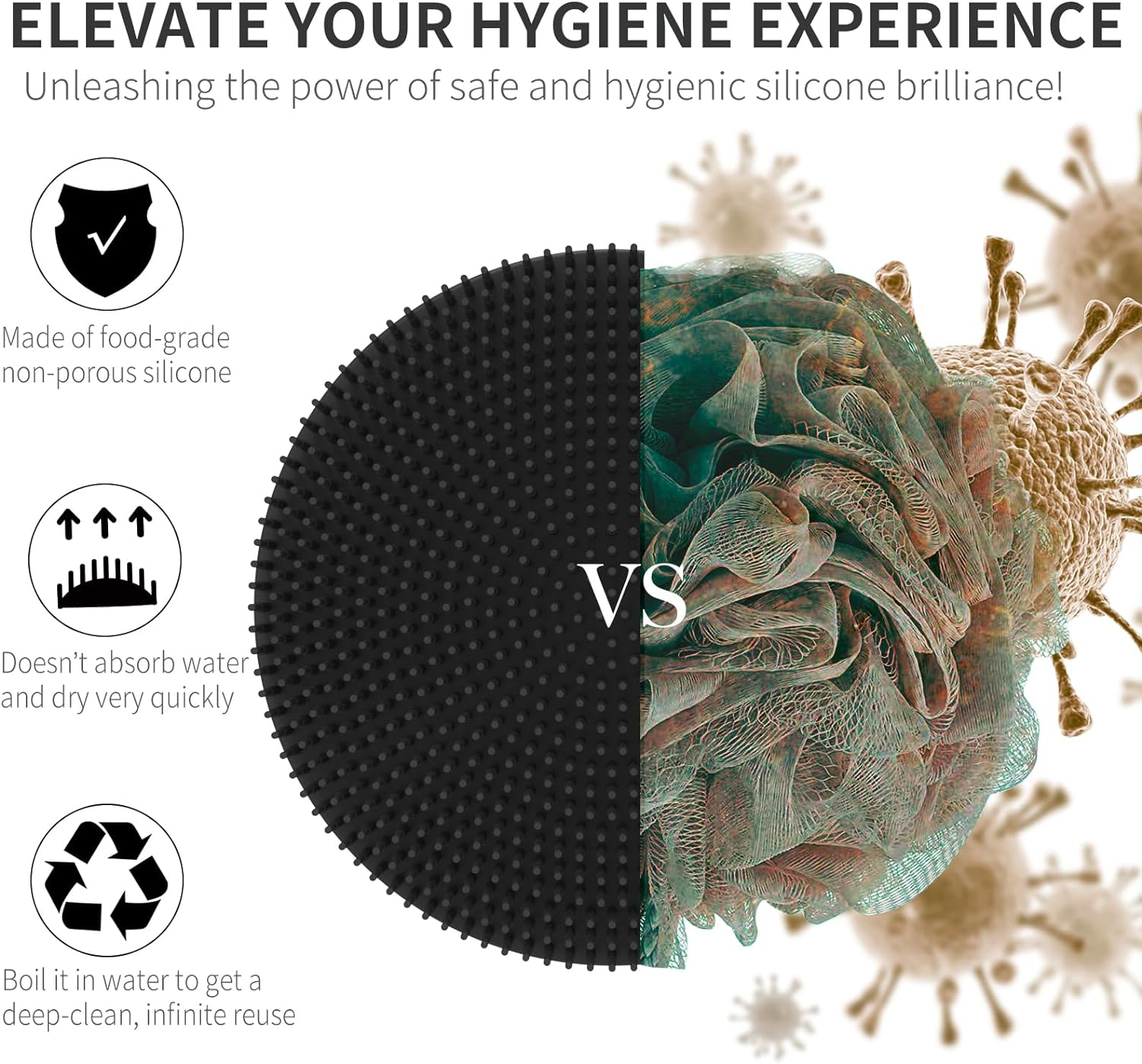 BEAUTAIL Silicone Body Scrubber Shower Bath Brush 2 Pack, More Hygienic than Traditional Loofah, Lather Nicely, Long Lasting, Gentle Exfoliating for Women Men Baby Sensitive Skin, Black+Purple