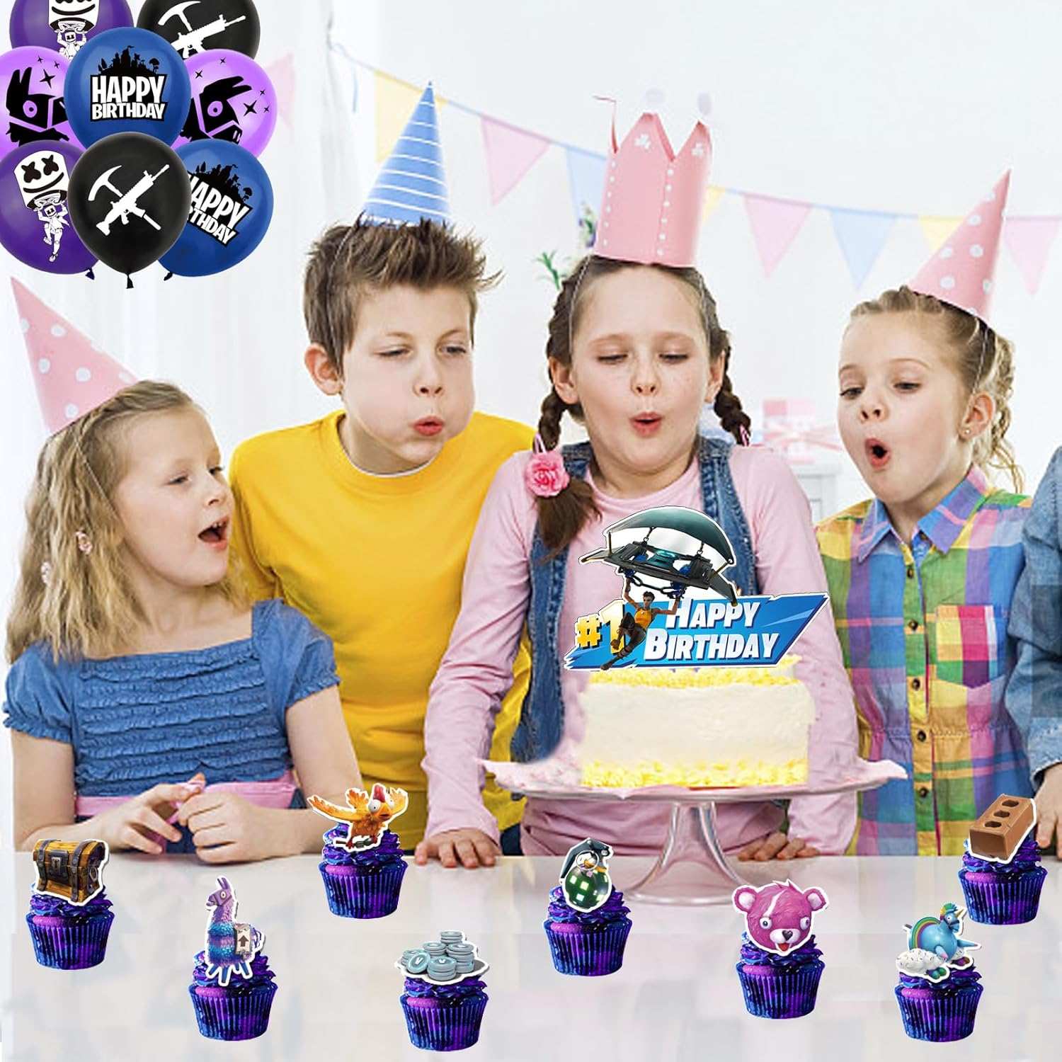 Doyomtoy Game Theme Birthday Cake Decoration Pack, 30 Pieces, Includes 1 Happy Birthday Banner, 16 Latex Balloons, 1 Large Cake Decoration, 12 Small Toppers, Purple, Video Game, Cartoon Pattern image number 3