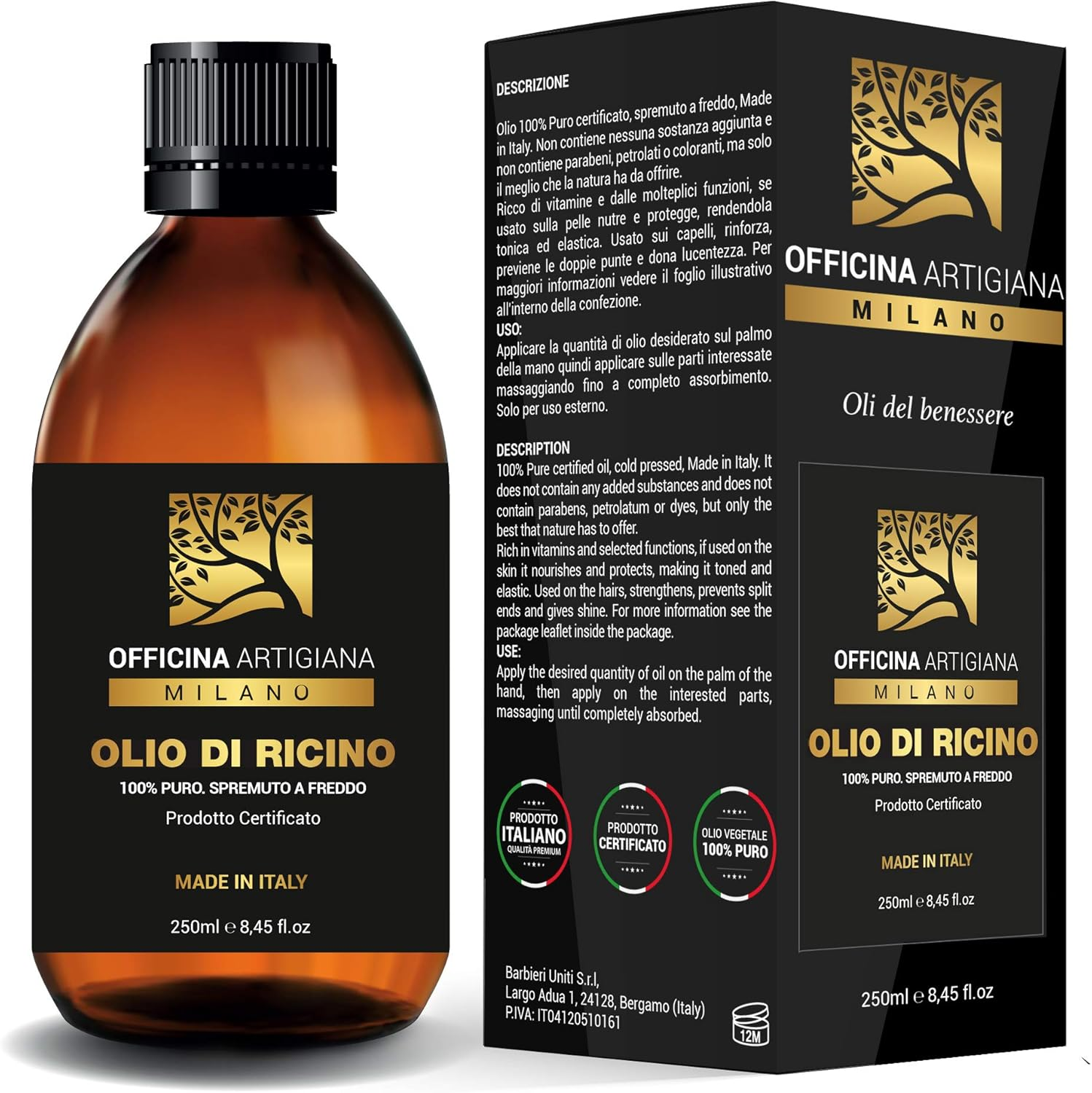OFFICINA ARTIGIANA MILANO Pure Certified Castor Oil Made in Italy, 250 Ml image number 1