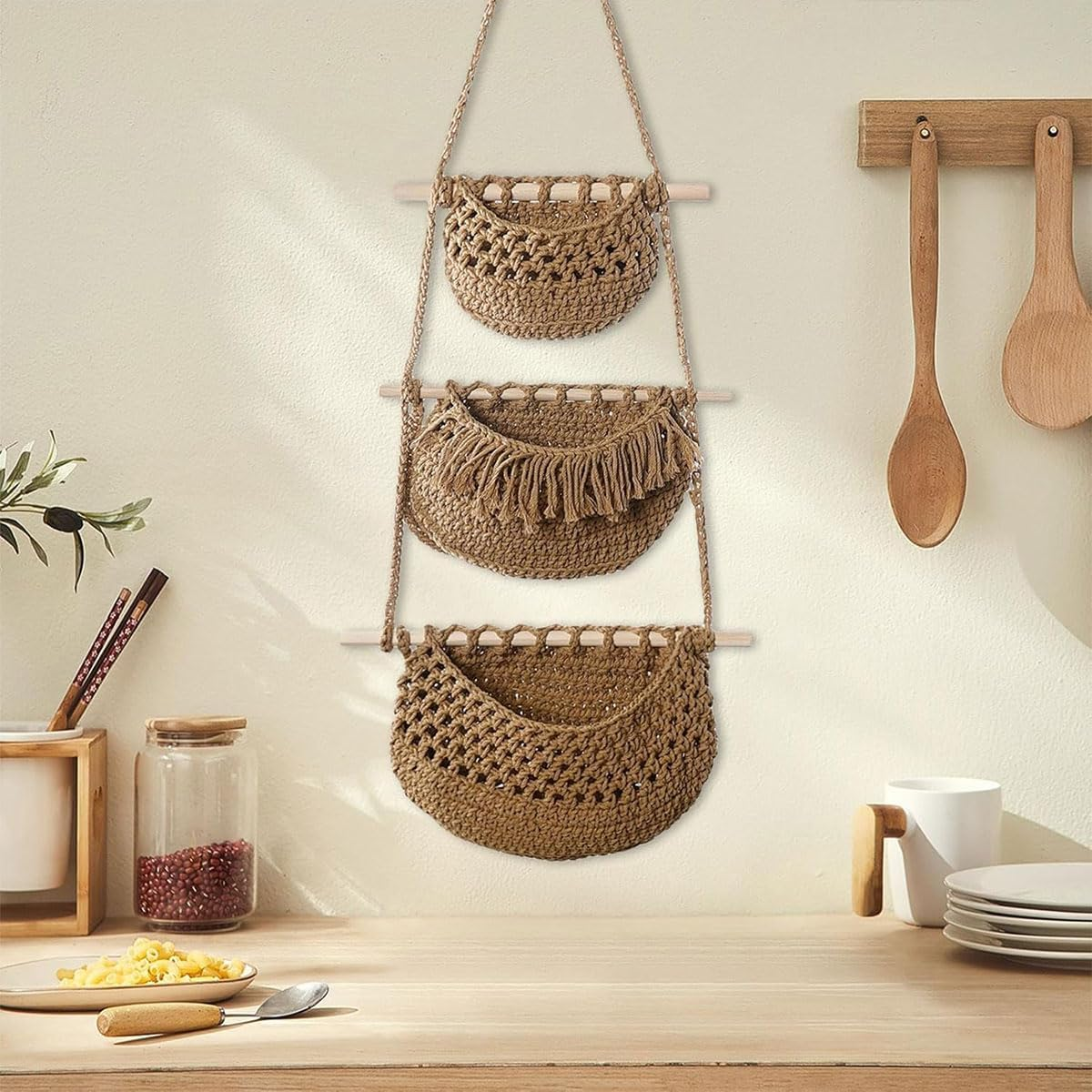 AIMALL 3-Layer Hanging Wall Storage Basket Cotton Rope Organizer for Sundries with Wooden Rods, Woven Wall Hanging Bag for Entryway, Living Room, and Nursery image number 1