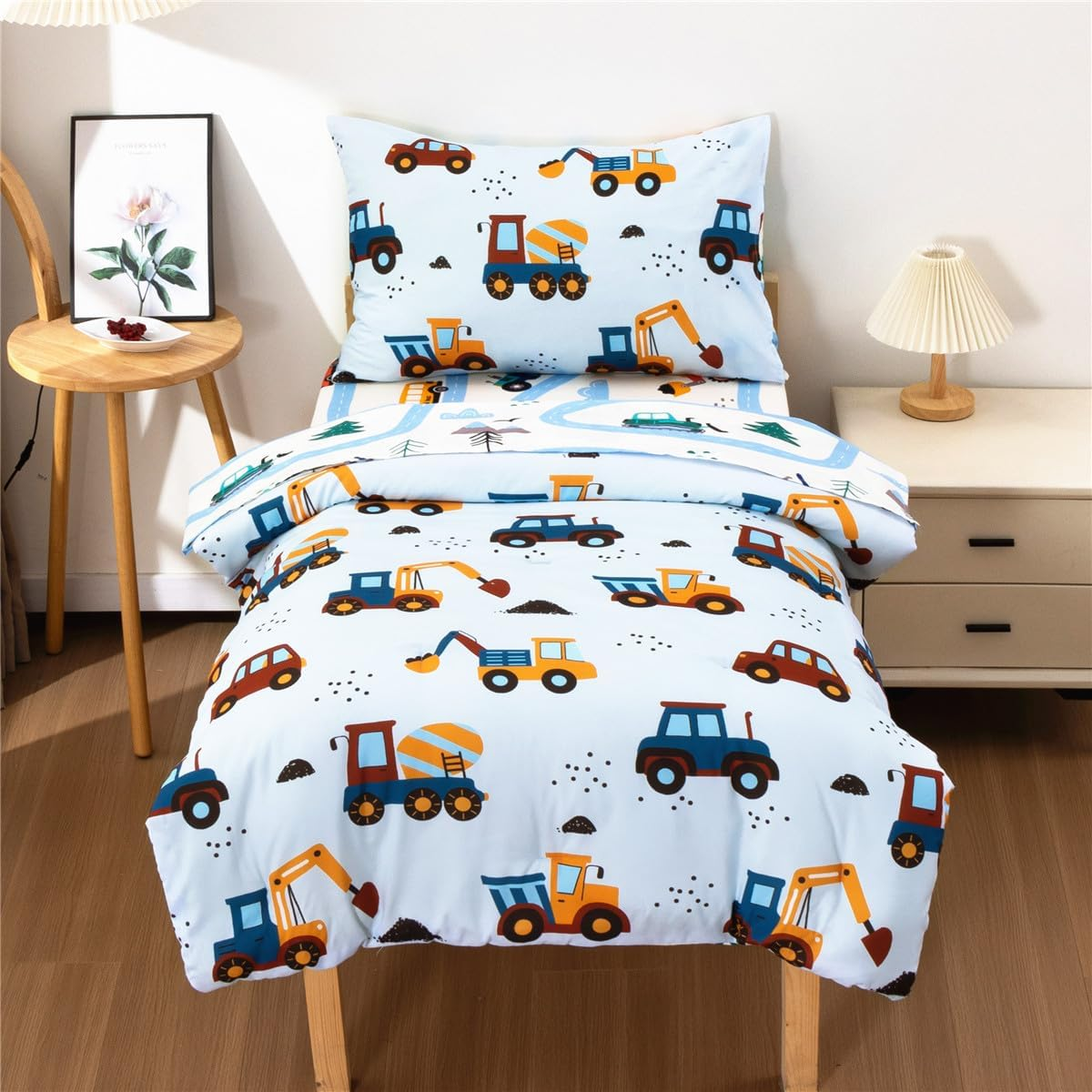 NTBED 4 Pieces Construction Toddler Bedding Set for Baby Boys, Truck Vehicles Excavator Cars Printed, Includes Comforter, Flat Sheet, Fitted Sheet and Pillowcase,Light Blue