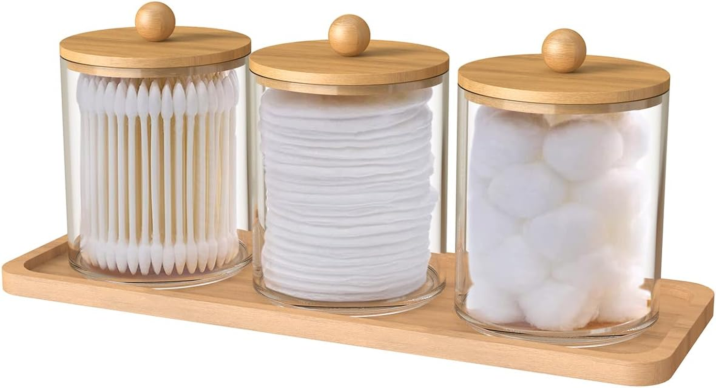 3Pcs Acrylic Qtip Holder Dispenser with Bamboo Lids Clearbathroom Jars with Tray Cotton Swab Storage Dispenser Reusable Bathroom Canisters Swab Ball Holder Dispenser for Makeup Cotton Swab Floss Pick image number 1