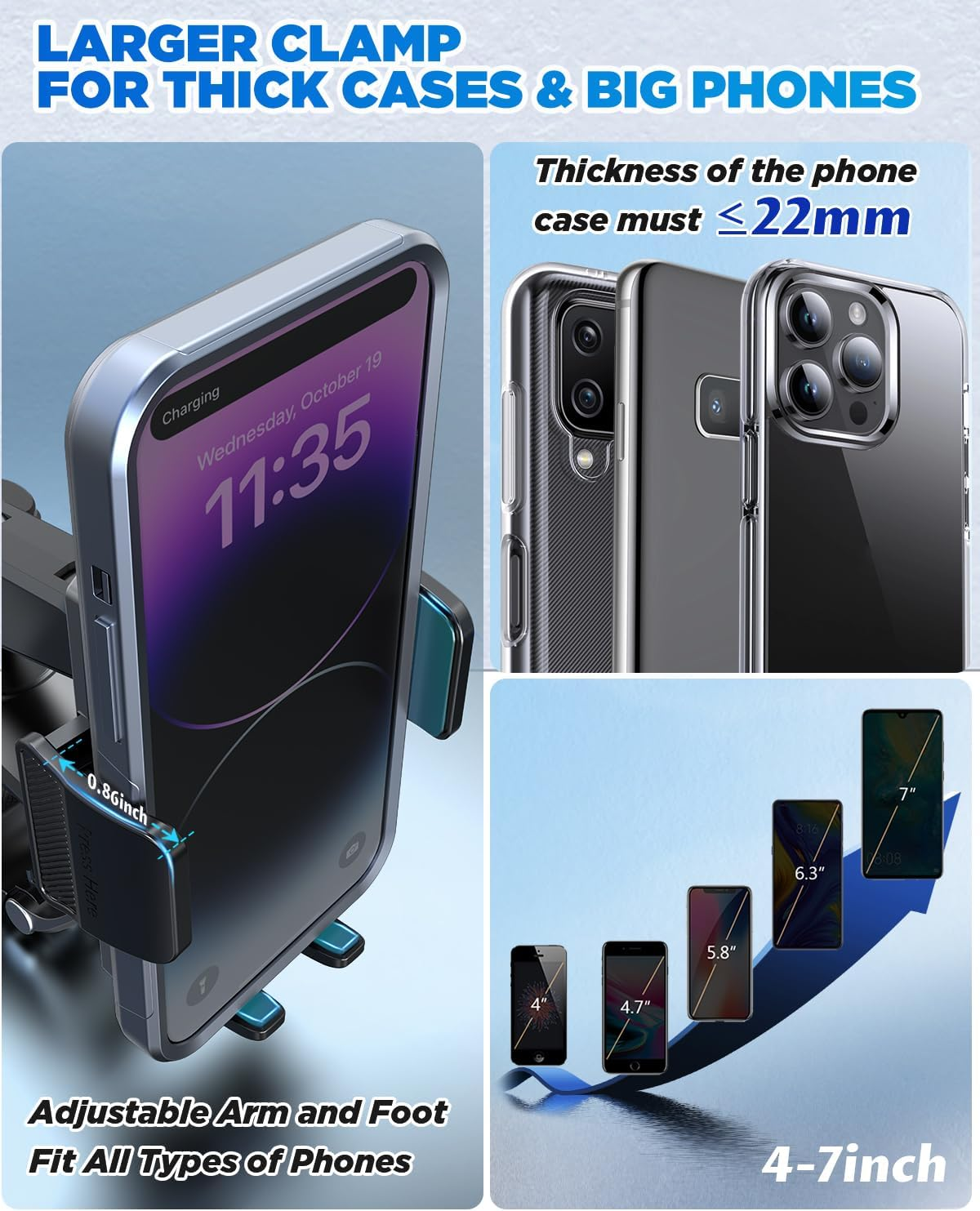 IPOW Car Dashboard Phone Clip Holder, 360 Degrees Rotation Dash Steering Wheel Phone Clamp Mount Compatible with Iphone 16 15 14 13 Pro Max and 4-7 Inch Smartphones (Black) image number 1