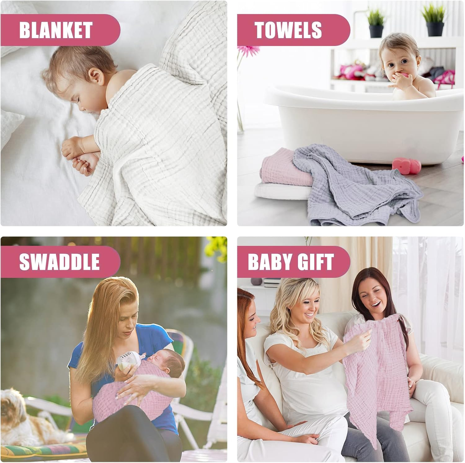 Winreal Muslin Baby Bath Towels Set 3 Pack Ultra Soft and Absorbent Baby Towels Infant Toddler Blanket Towel 6-Layer Natural Cotton Towel Suitable for Girl Boy 40X40 Inches (White&Pink&Grey) image number 6