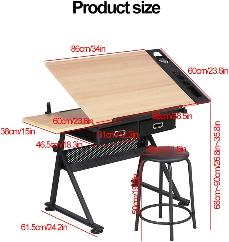 Drawing Tables for Artists,Height Angle Adjustable Drafting Desk W/2 Drawers Craft Station W/Metal Frame Tiltable Art Desk Work Station for Painting, Writing, Studying (Wood) image number 6
