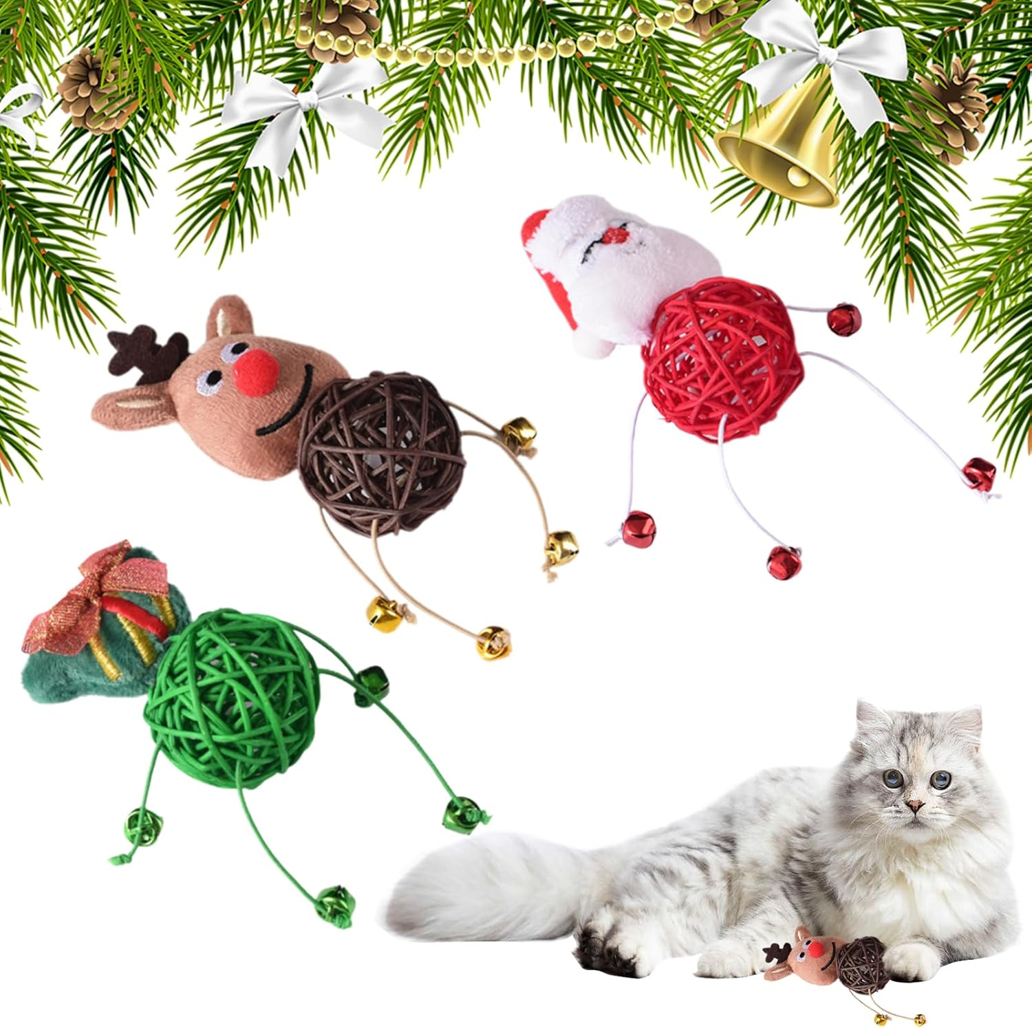 3 Pieces Christmas Cat Toys Santa Claus Kitten Rattan Balls Toys Elk Indoor Cats Plaything Toys Xmas Tree Chew Interactive Toy Christmas Pet Rattan Balls Toy for Cats Claw Chewing Teeth Cleaning image number 4