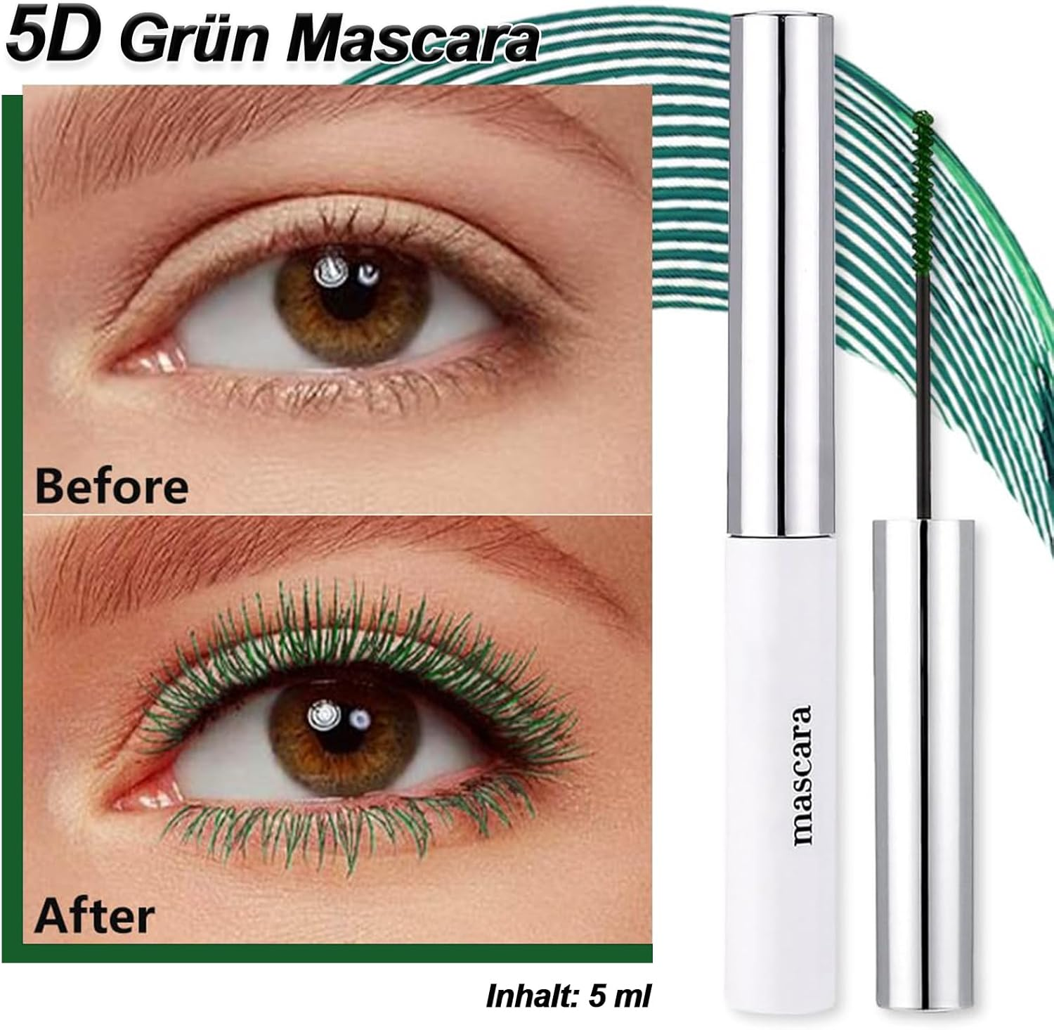 Ultra Fine Mascara - Waterproof & Smudge-Proof 5D Waterproof Mascara for Long and Voluminous Eyelashes, Non-Clumping, Silk Fibre Mascara with Fine Precision Brush and Smooth Texture (Green, 5 Ml) image number 2