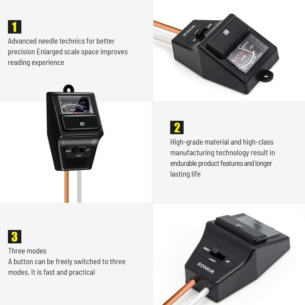 SONKIR Soil Ph Meter, MS09 3-In-1 Soil Moisture/Light/Ph Tester Gardening Tool Kits for Plant Care, Great for Garden, Lawn, Farm, Indoor & Outdoor Use (Black) image number 6