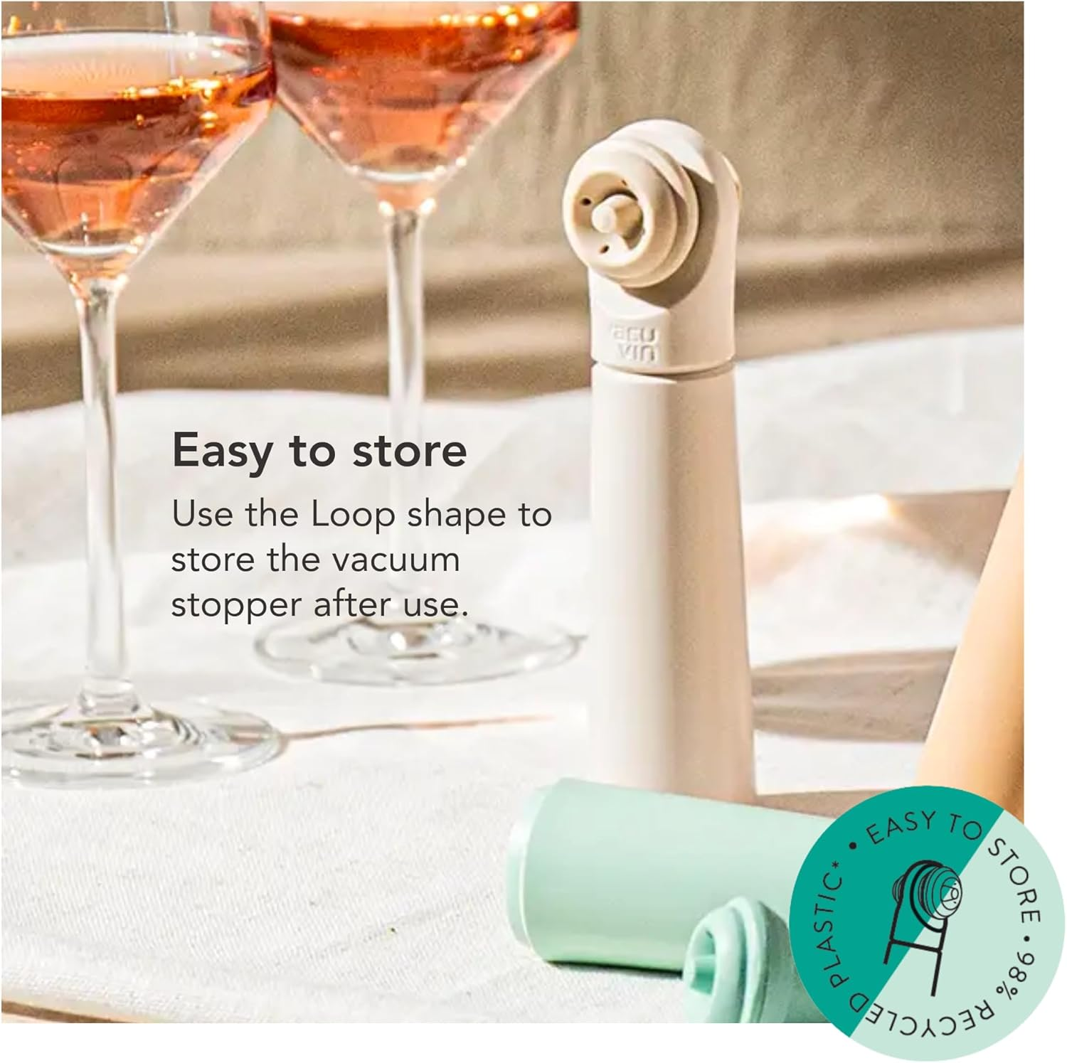 Vacu Vin Loop Wine Pump - Designed and Made in the Netherlands - Vacuum Wine Stopper Keeps Your Wine Fresh for up to 10 Days - Reusable - 1 Pump, 1 Stopper, Sand - Earth image number 2