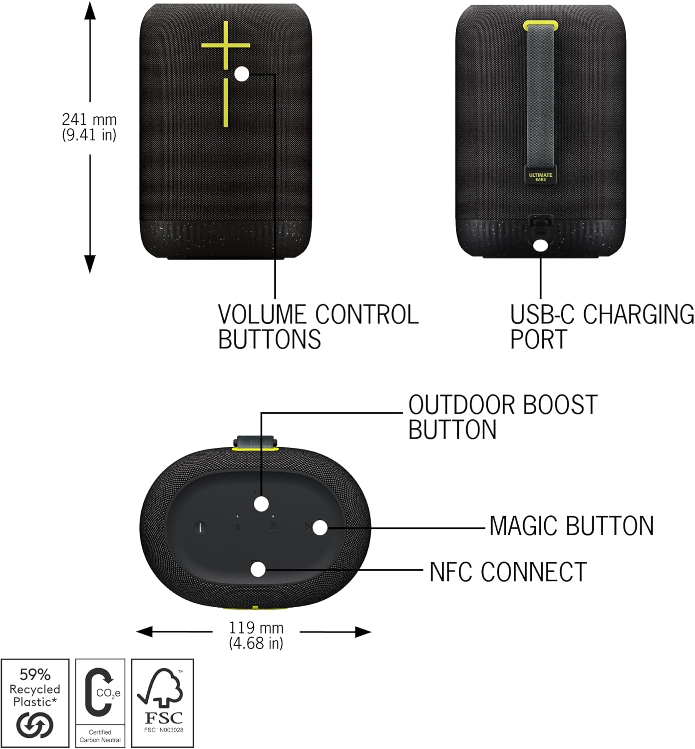 Ultimate Ears EPICBOOM, Portable Wireless Bluetooth Speaker, Big Bass and Immersive, 360-Degree Sound, Adaptive EQ, IP67 Waterproof, Floatable, 17 Hour Battery, 180 Ft Range, USB C - Charcoal Black image number 3