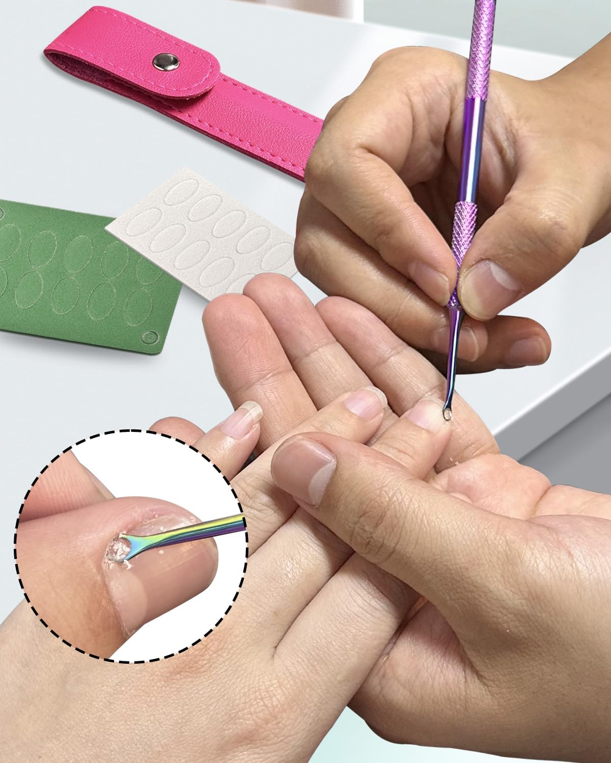 Dual Ended Cuticle Remover, Pre-Treatment Cuticle Pusher with Loop Cuticle Pusher Removing, Stainless Steel Cuticle Nail Tool with 100#/240# Grit Nail Files and 1P Storage Bags, for Salon & Home Use image number 1