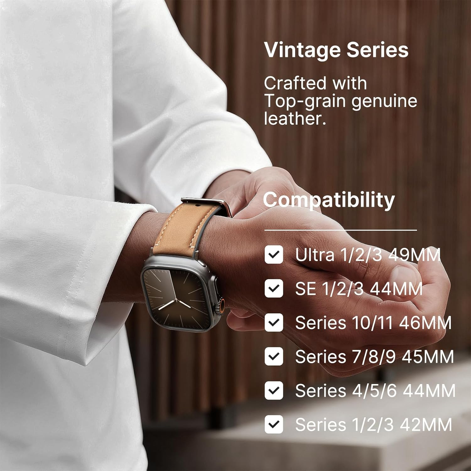 Fullmosa Real Leather Band Compatible with Apple Watch Band 49Mm 46Mm 45Mm 44Mm 42Mm,Yola Leather Apple Watch Strap for Iwatch Ultra SE Series 11/10/9/8/7/6/5/4/3/2/1 Men Women, Light Brown+Silver image number 5