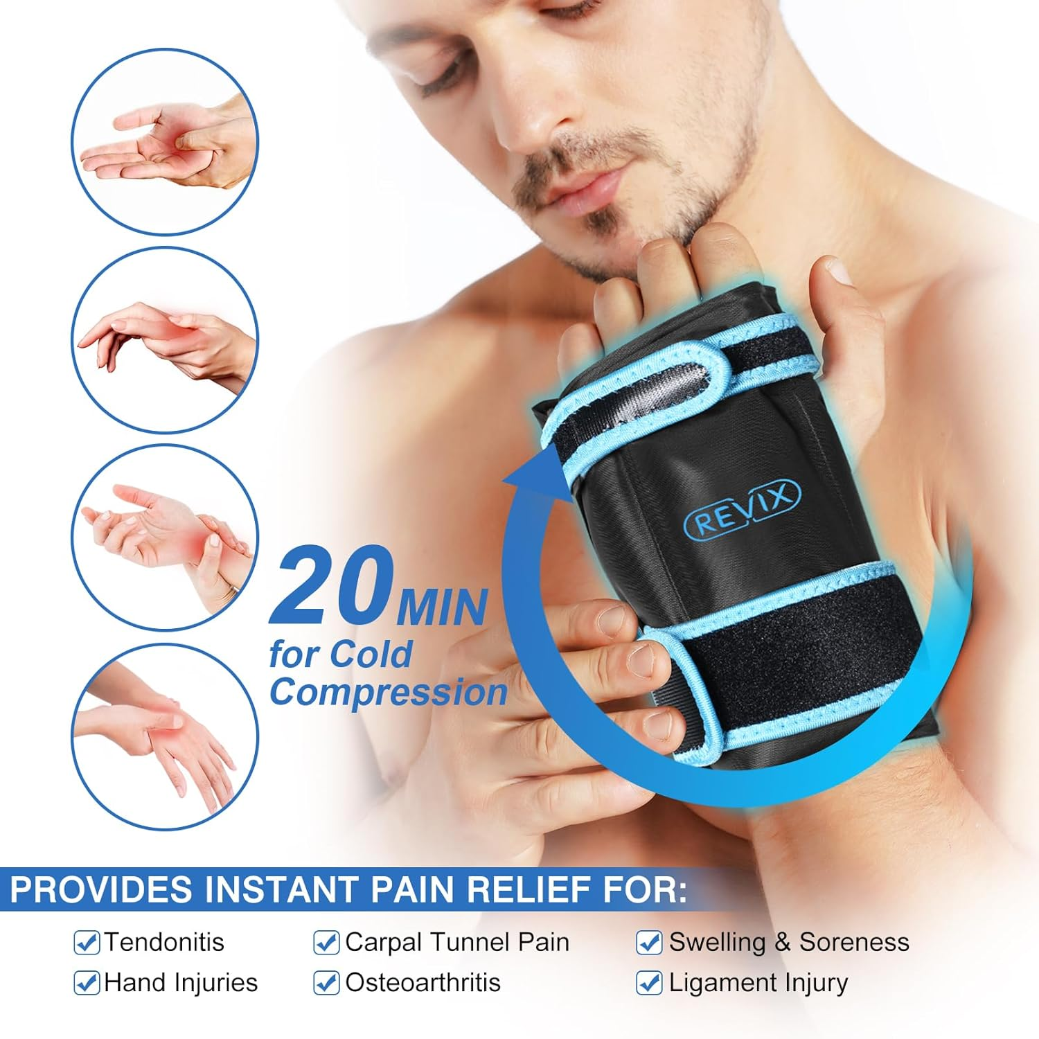 REVIX Wrist Ice Pack Wrap for Carpal Tunnel Relief, Reusable Gel Ice Packs for Hand Injuries, Cold Compress, Swelling, Sprains and Tendonitis (1 Pack), Black image number 4