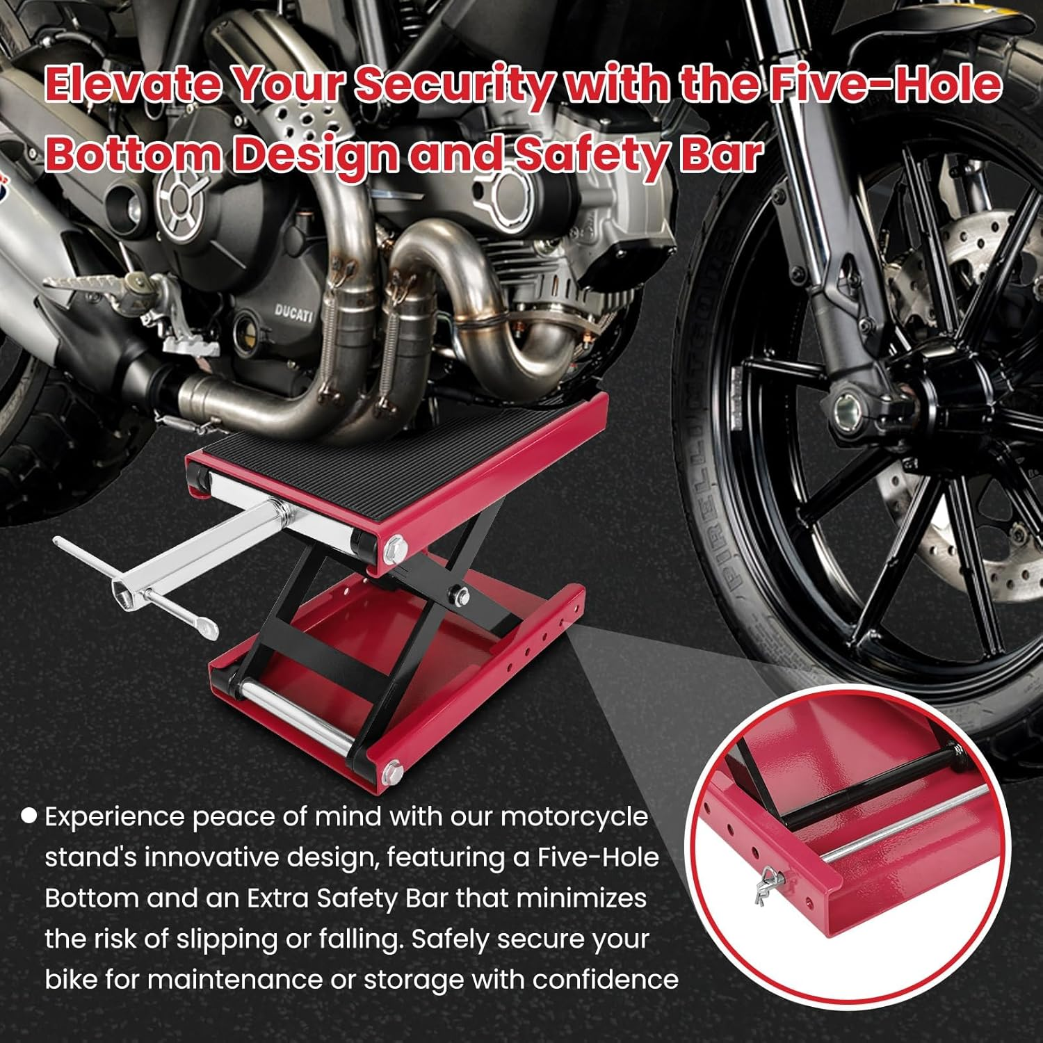 Motorcycle Lift, 500 KG/1100 Lbs Capacity Motorcycle Scissor Jack with Upgraded Anti-Slip Bottom and Thickened Rubber Wide Deck,Steel Motor Bike Hoist Stand with Crank for ATV, Cruiser Bikes image number 5