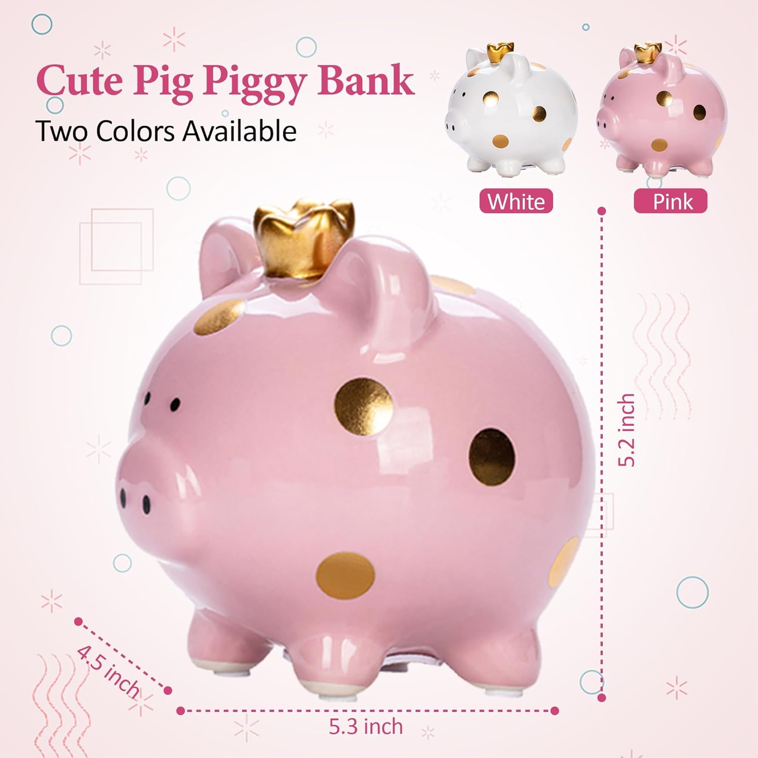 ATDORO 1 Pack Piggy Bank for Girls, Small Ceramic Money Saving Bank for Boys, Porcelain Decor Coin Box, Little Decoration Pig Money Container (Pink) image number 4
