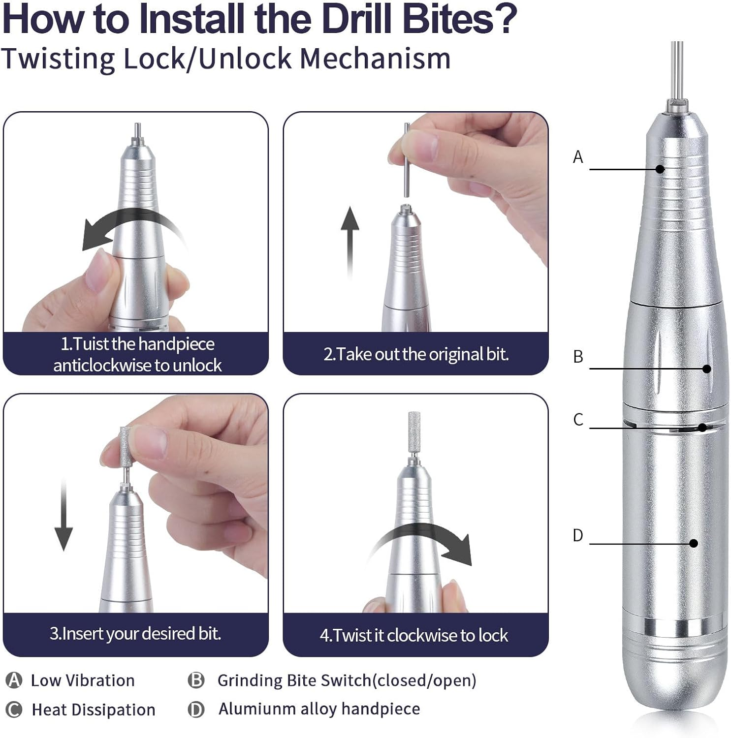 Bouzaak Professional Portable Nail Drill Kit - 45000 RPM Rechargeable Electric Nail File with 6 Bits, Cordless Low Noise for Acrylic Gel Nails, Manicure & Pedicure for Salon Home (White) image number 4