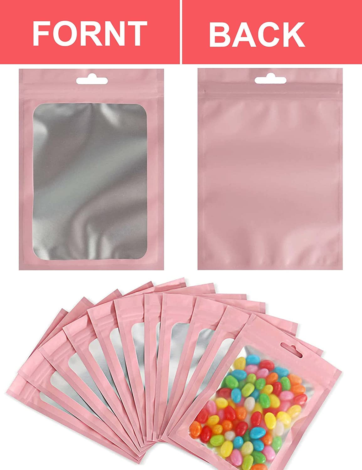 100 PCS Candy Food Bags, Resealable Bags for Small Business with Zip Lock,Reusable Smell Proof Mylar Bags with Clear Window,Holographic Pouch Bags for Food Storage Snacks Beans Coffee Jewelry (14*20) image number 1