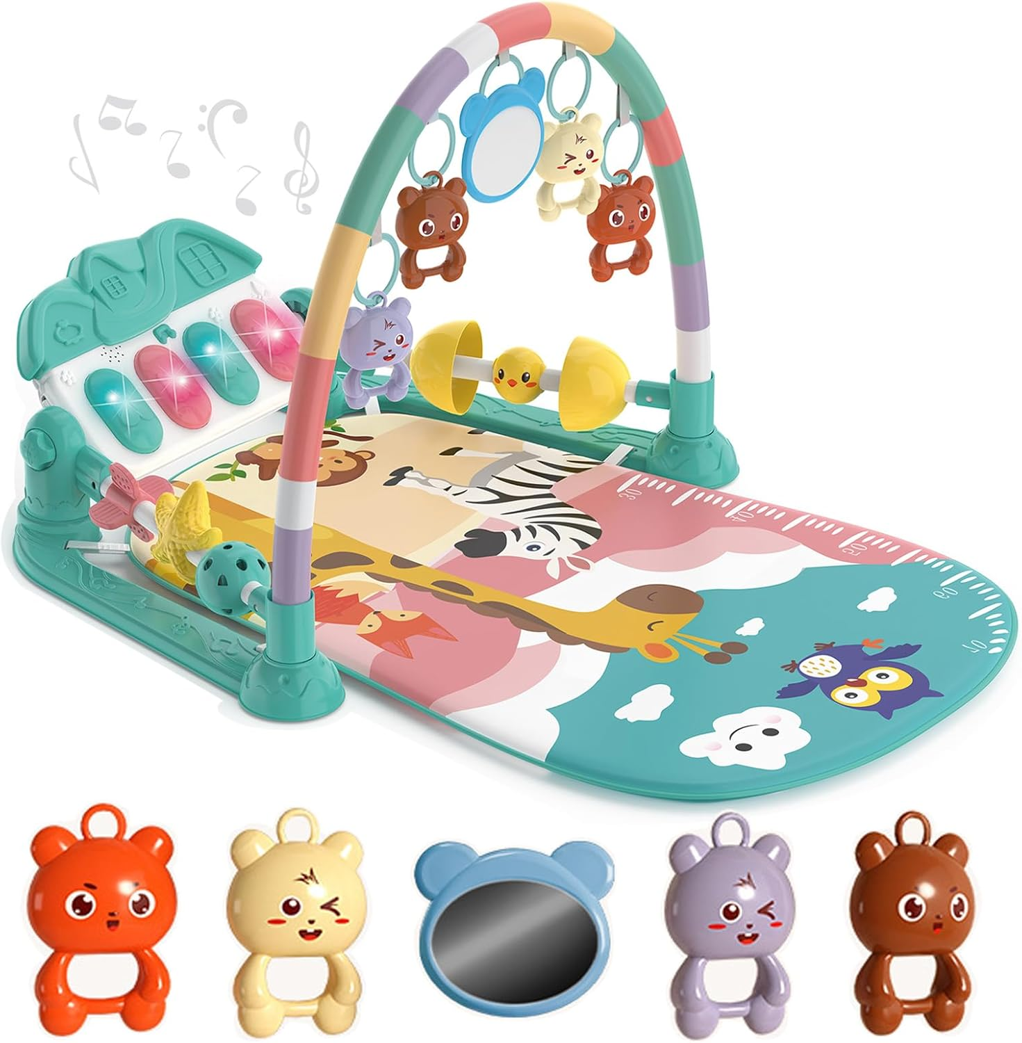 Baby Gyms Play Mats, Funny Play Piano Tummy Time Baby Activity Mat with 5 Infant Sensory Baby Toys Baby Play Piano Gym Mat with Music and Light for Babies Newborns and Toddlers (Green & Pink) image number 2