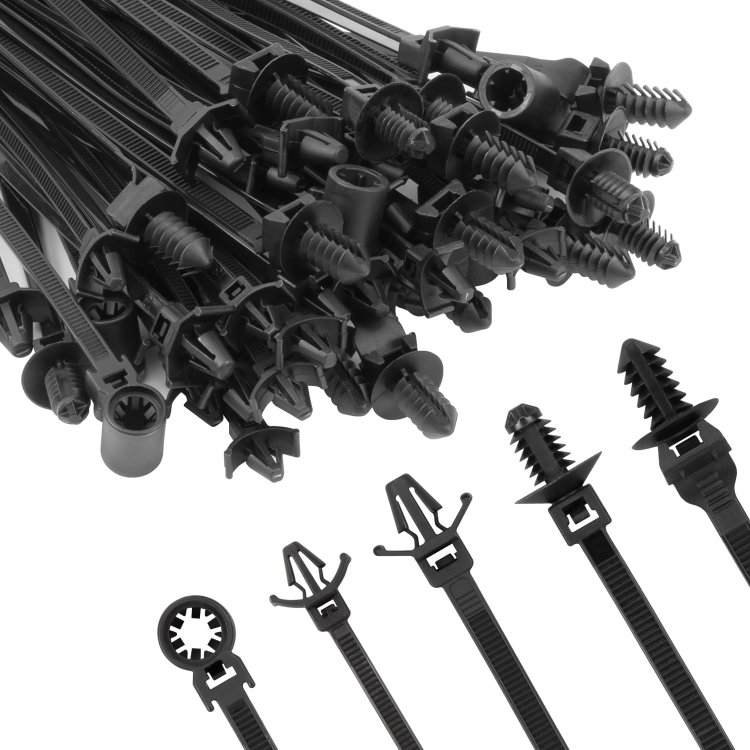 Armpow 110 PCS Automotive Installation Black Push Mount Cable Zip Ties Assorted Sizes, Heavy Duty Self-Locking UV Resistant Wire Ties - for Indoor Wire Bundling, Construction, Automotive