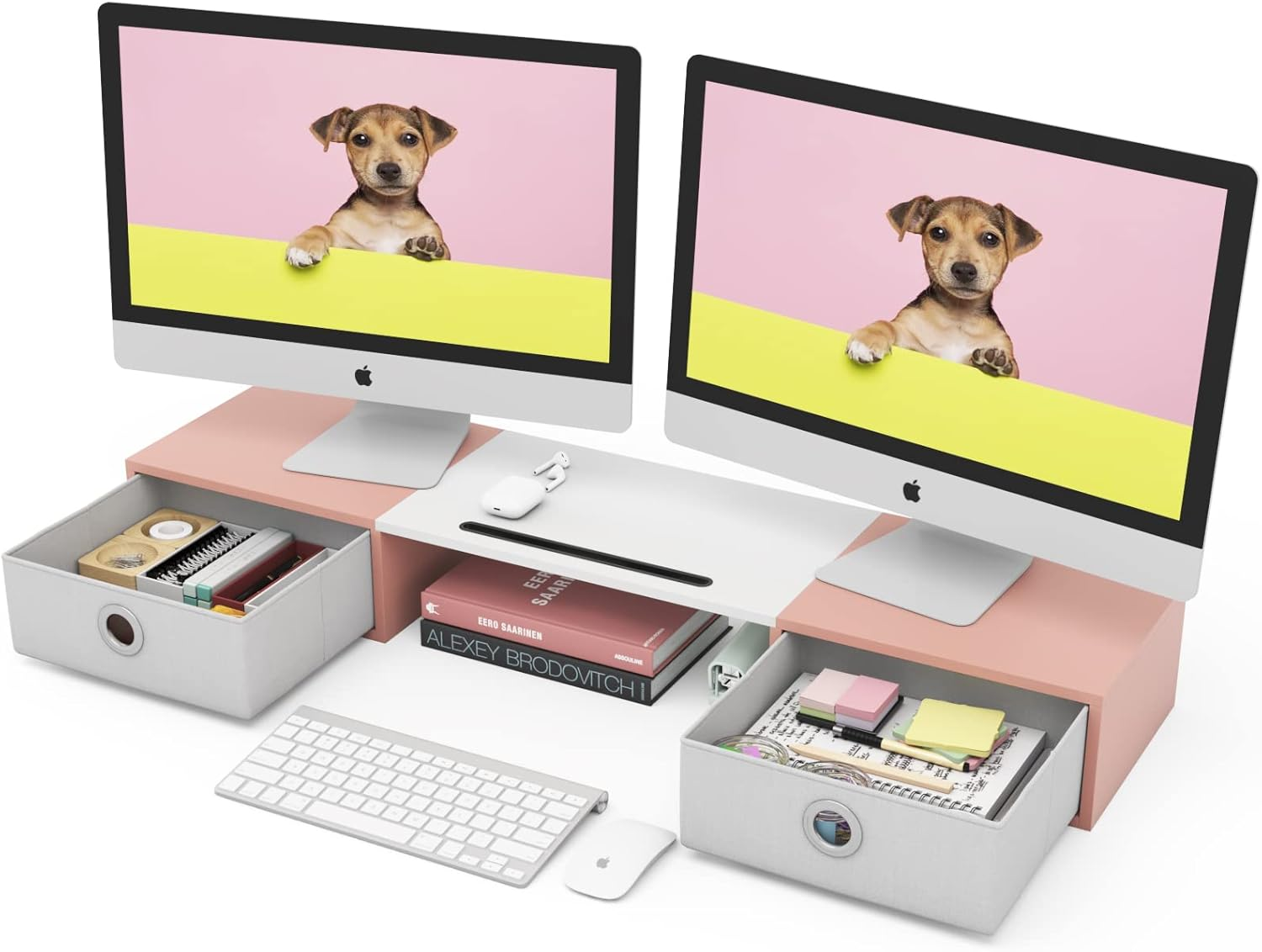 WESTREE Dual Monitor Stand Riser with Two Drawers, Extra Large Storage for 2 Monitors, Ergonomic Design, Wooden Finish