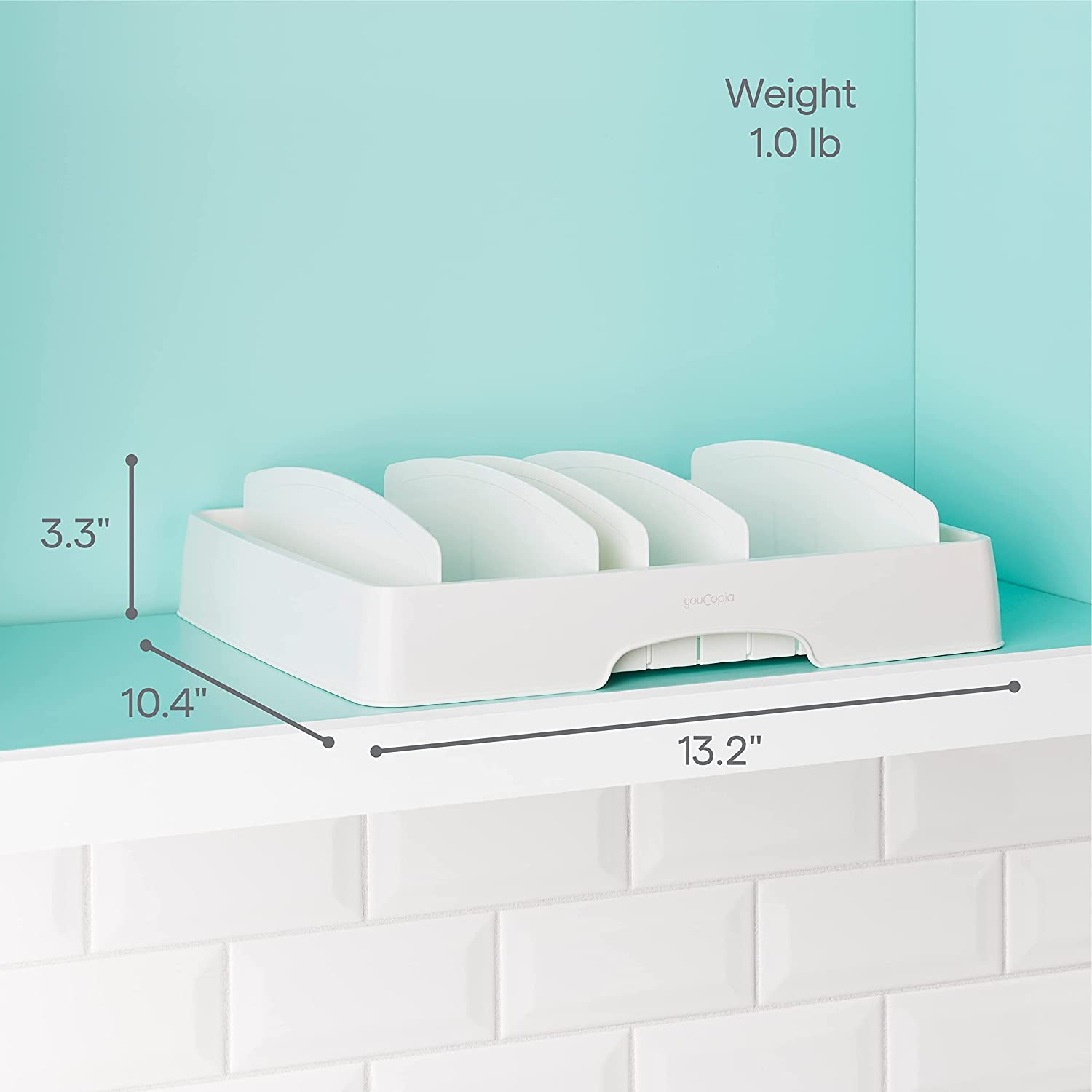 Youcopia Storalid Food Container Lid Organizer, Large, Adjustable Plastic Lid Storage for Kitchen Cabinets, White