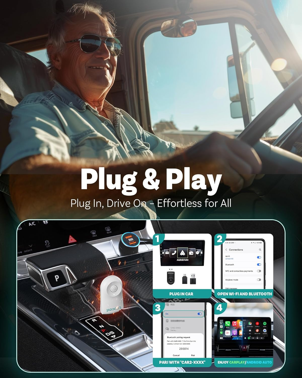 OTTOCAST Mini 2025 Wireless Carplay & Android Auto 2-In-1 Adapter, Plug & Play, 5Ghz Wifi, Auto Connect for Iphone & Android, Fits 98%+ OEM Wired Carplay Cars（Ca505-T1-White） image number 3