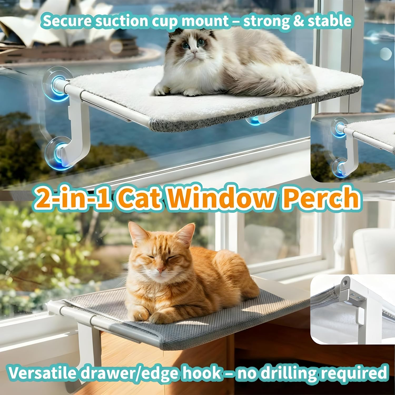 Cat Window Perch with 4 Suction Cups & Hooks, 2-In-1 Hammock Bed for Cats &ndash; Sliding Clamp Adjustment, Washable Dual-Sided Pad, No-Scratch Rustproof Tube, Holds 15KG (Fits Windowsill/Bedside)