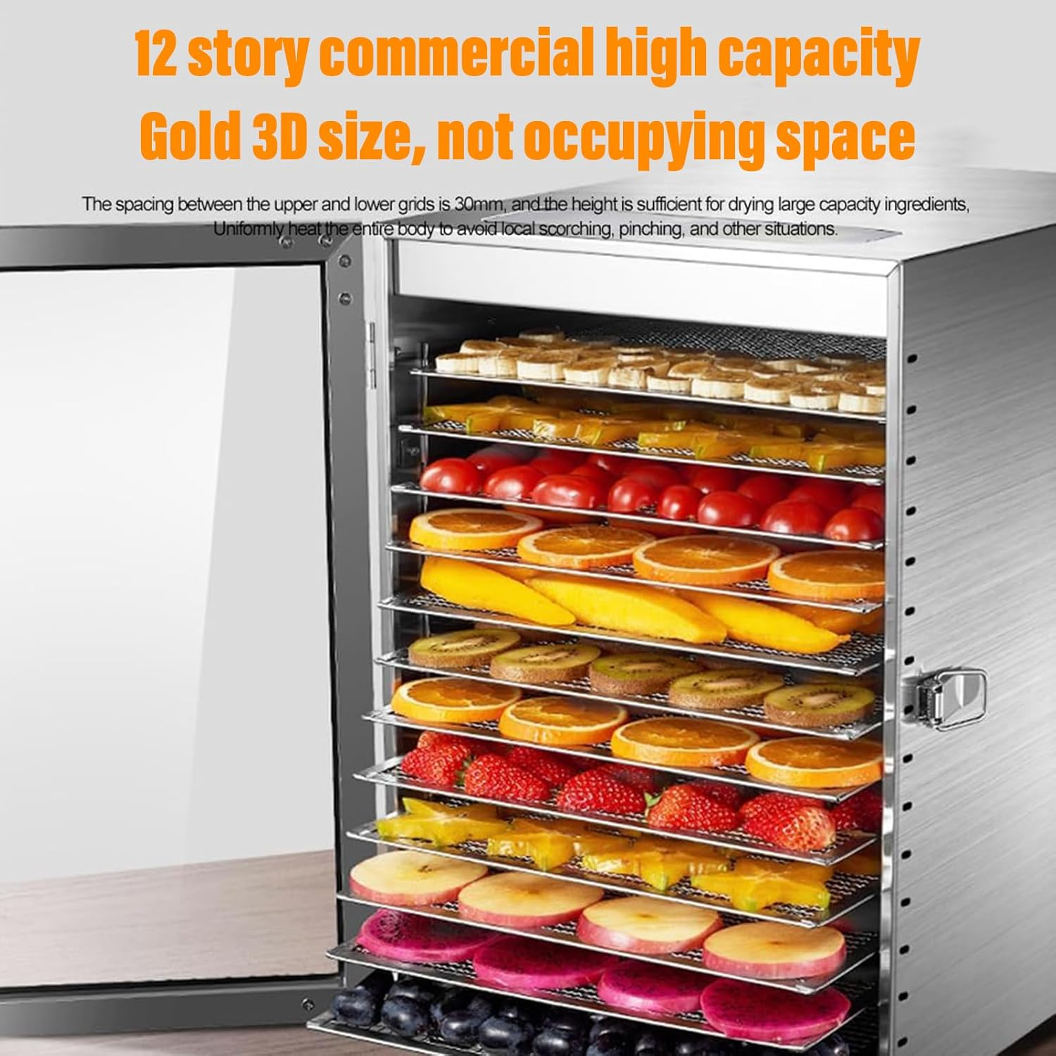 Xoxomeg Commercial Food Dehydrator,12 Trays Stainless Steel Dry Fruit Machine,20-90&deg; Temperature Control,24 Hours Timer,Dual Fan Design,For Herb, Meat, Fruit and Vegetables image number 1