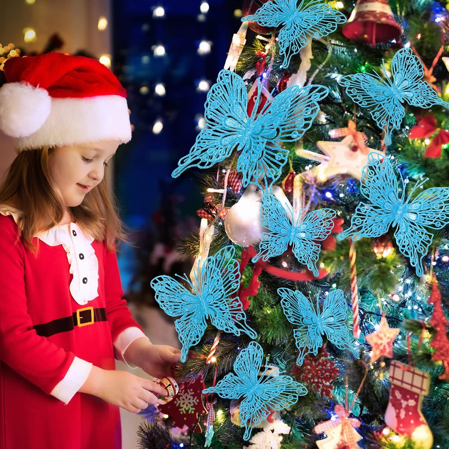 Charniol 36 Pcs 3 Size Christmas Tree Butterfly Decorations Glitter Hollow Butterfly Ornaments Hanging Decorations with Clips for Holiday Crafts Christmas Tree (Blue) image number 6