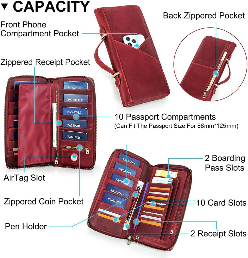 CONTACTS Family Passport Holder for 10 Full Grain Leather Airtag Passport Holder for Family Travel Document Organizer Multiple Passport Wallet with Rfid Blocking (Red) image number 2