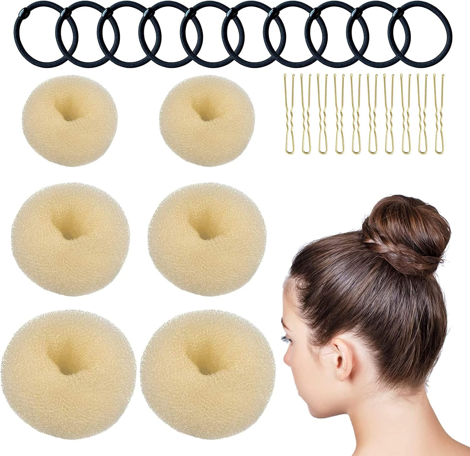 Pack of 6 Bun Cushions, Doughnut Hair Bun Maker Set with 10 Elastic Hair Bands and 10 U-Shaped Hair Pins, VEGCOO Bun Pillow Small and Large Nylon Hair Donut Brown Bun Aid for Children Women Girls (White)