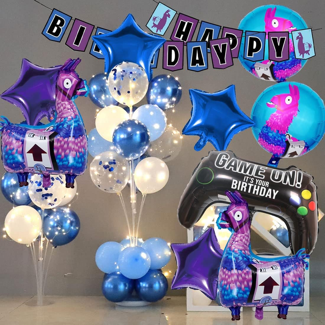 Video Game Party Balloons and Banner Set (Pack of 10) - Blue, Purple Star Foil & Paper Balloons - Gamepad, Alpaca & Star Shapes - Reusable - Perfect for Kids' Birthday Parties